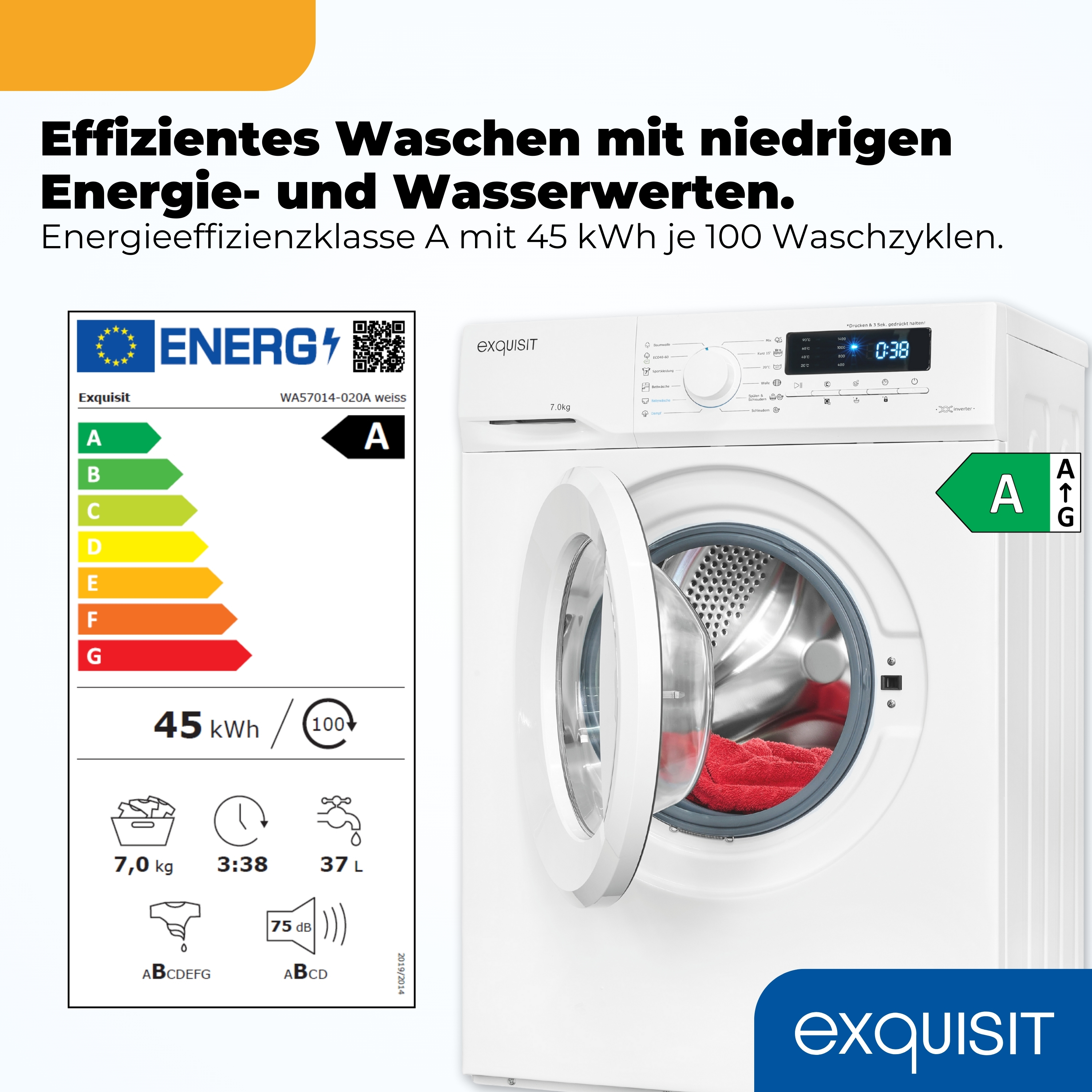Weiße Waschmaschine mit Energieeffizienzklasse A, 7kg, 45 kWh/100 Zyklen.