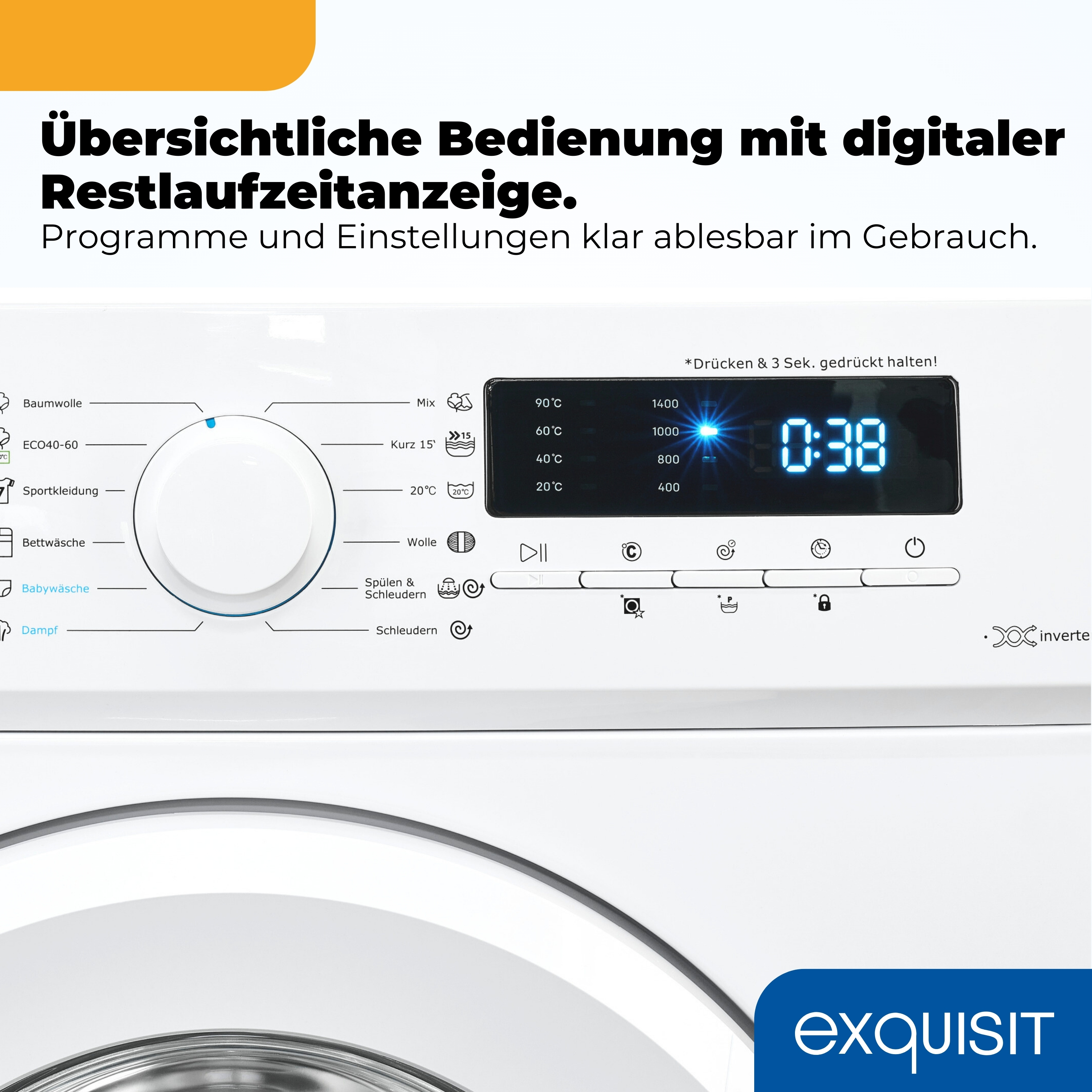 Eine Waschmaschine mit digitaler Anzeige und Wahlrad zeigt Programme an.
