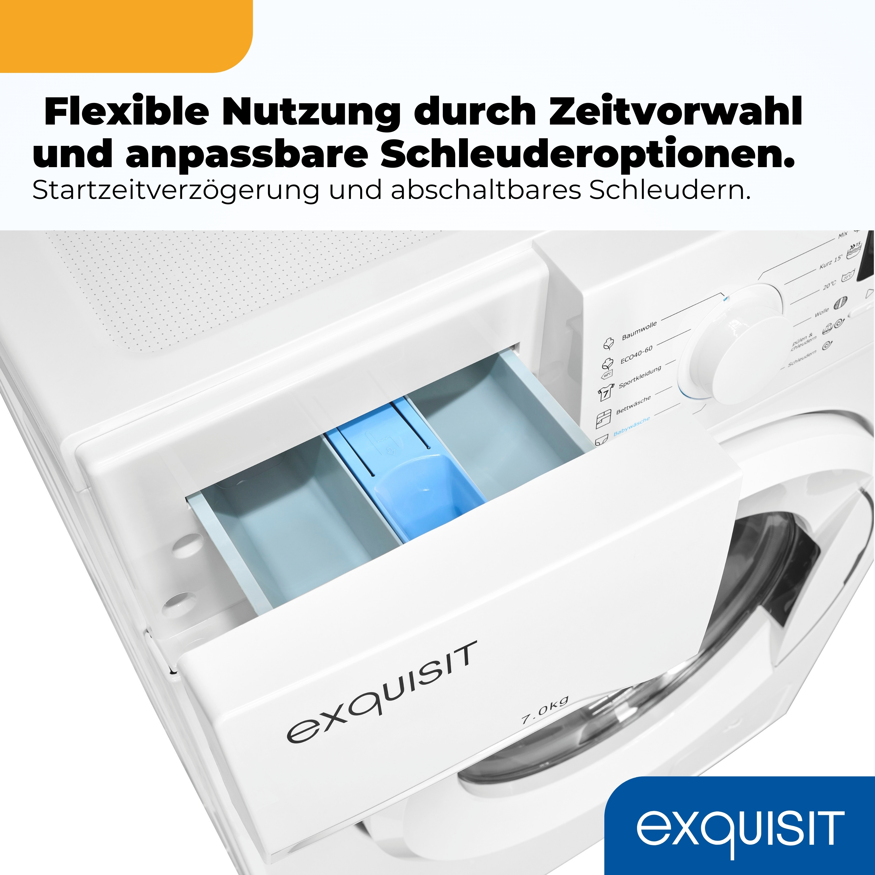Eine weiße Waschmaschine mit geöffnetem Waschmittelbehälter und Programmwahl.