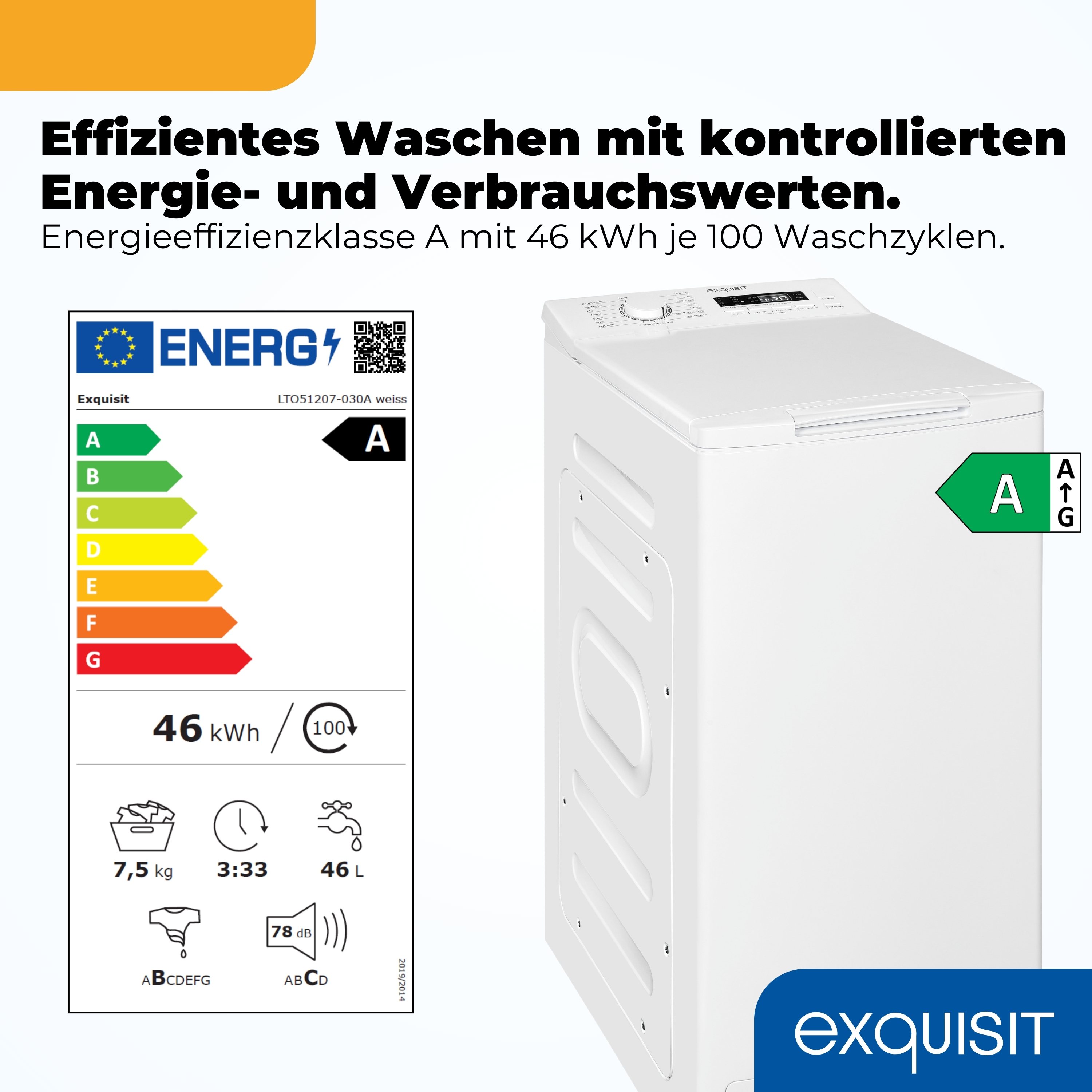 Weiße Exquisit Waschmaschine mit Energieeffizienzklasse A und Details.