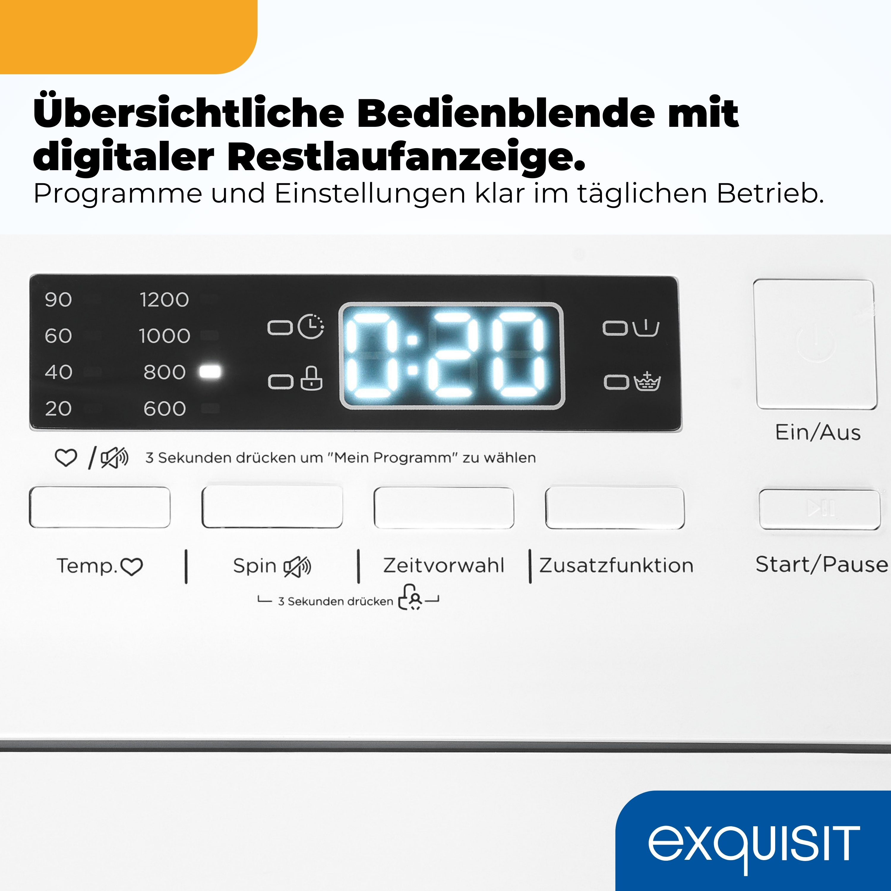 Bedienfeld einer Waschmaschine mit Optionen wie Temperatur, Schleudern und Zeitwahl.