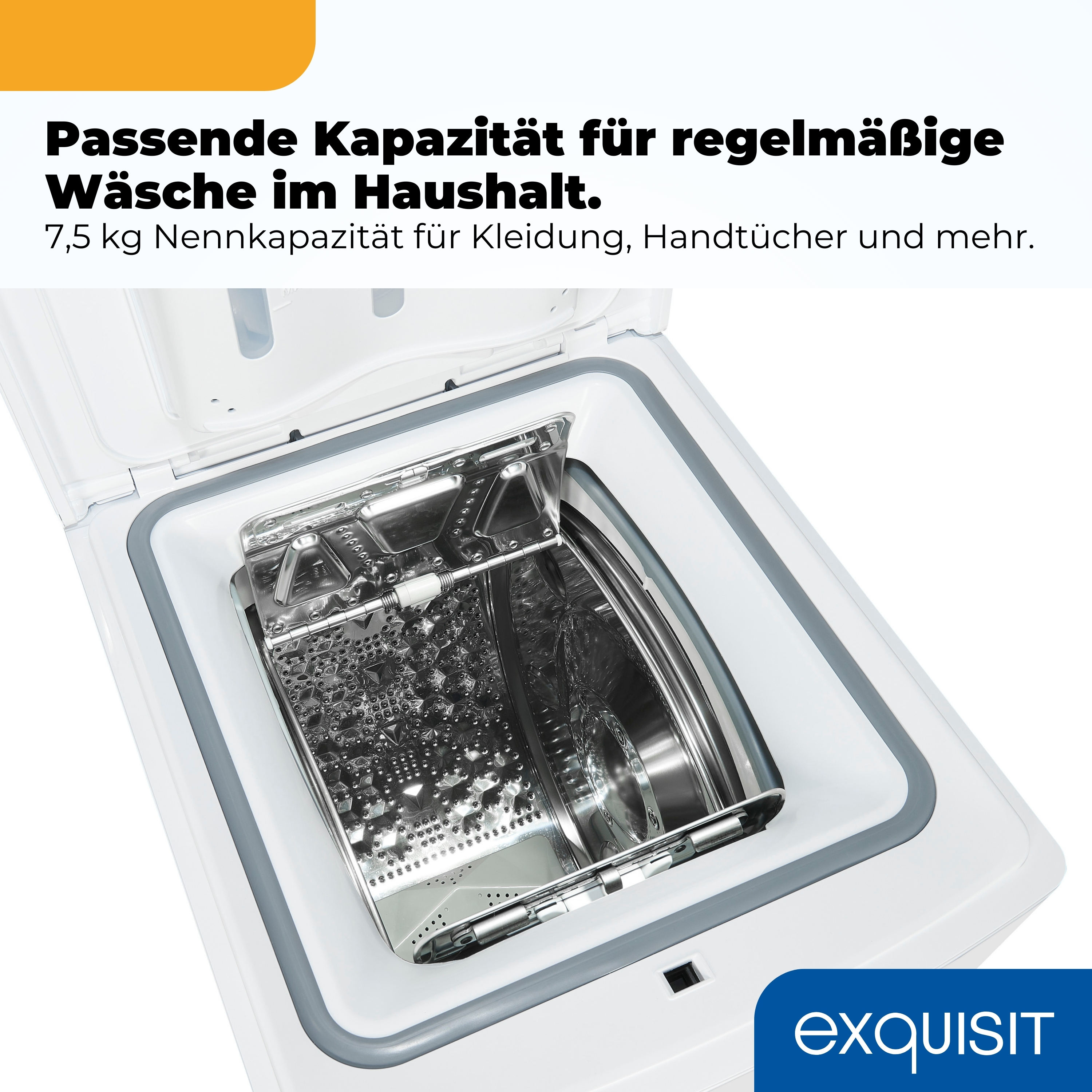 Eine weiße Waschmaschine mit offenem Deckel zeigt die Trommel.