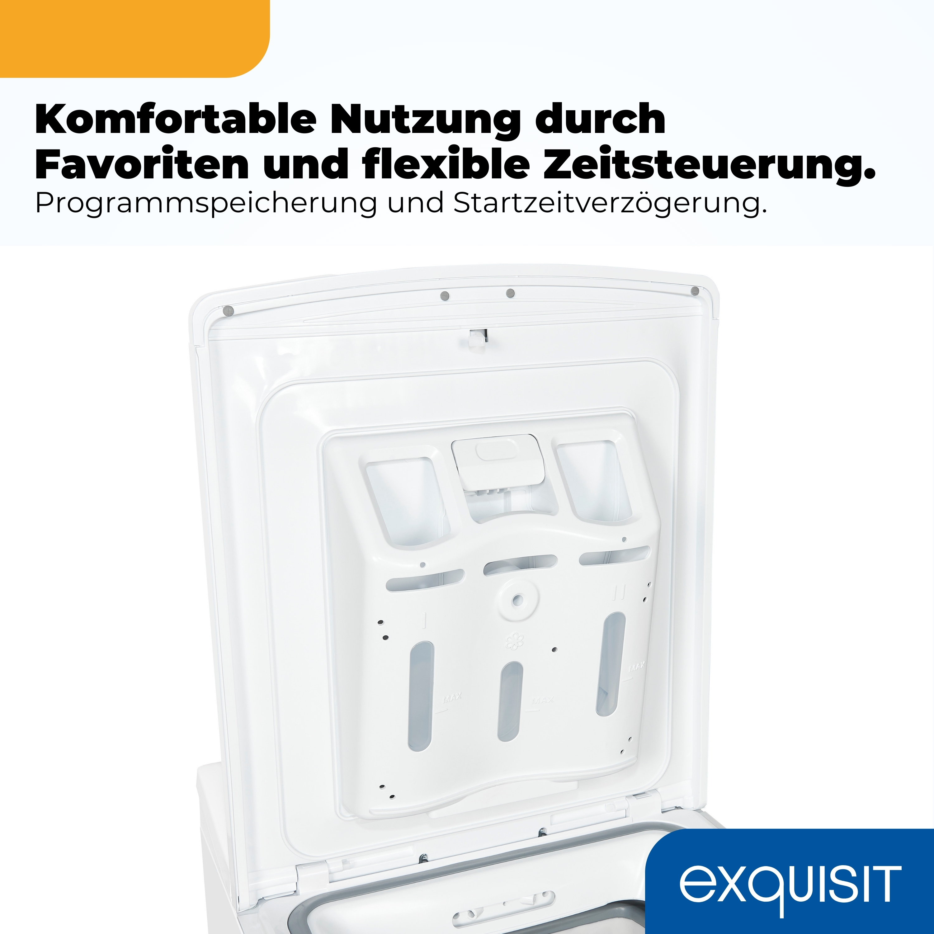 Eine offene weiße Waschmaschine mit Fach für Waschmittel und Zusatzstoffe.