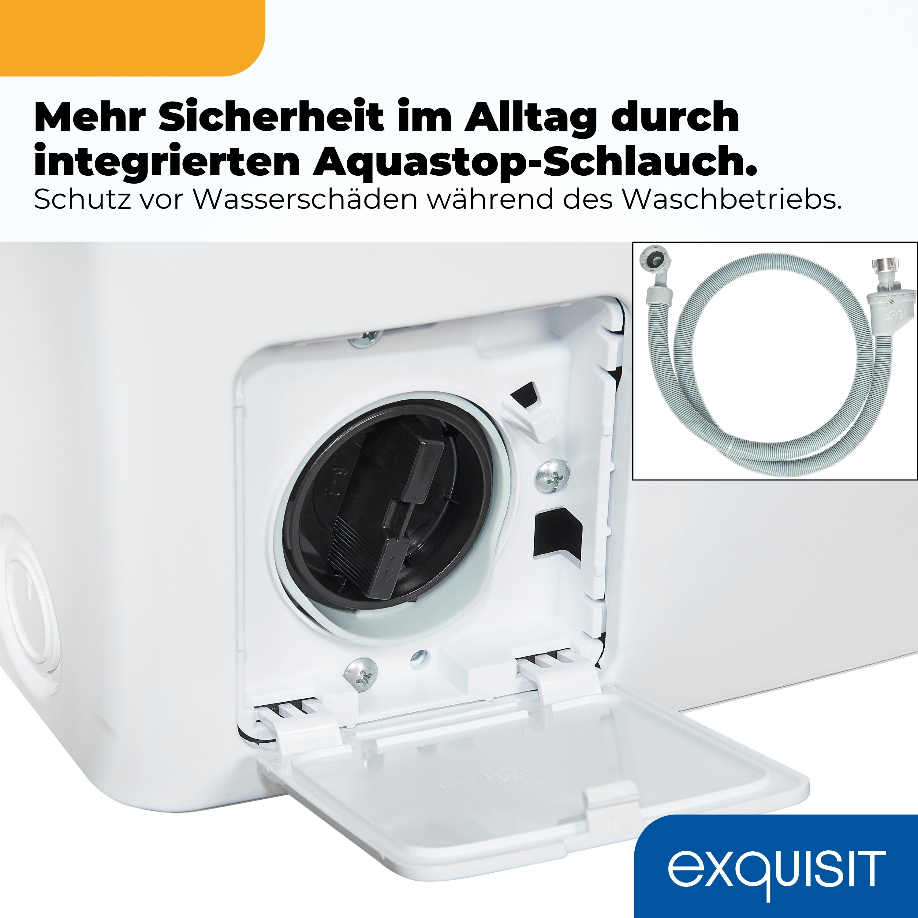 Eine Waschmaschine mit geöffneter Klappe zeigt den Filter. Ein Aquastop-Schlauch ist zu sehen.