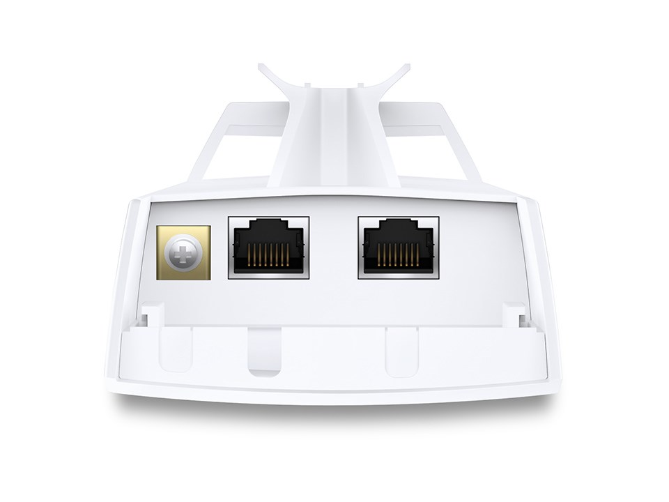 Parte trasera blanca del router con dos puertos Ethernet y un conector dorado.