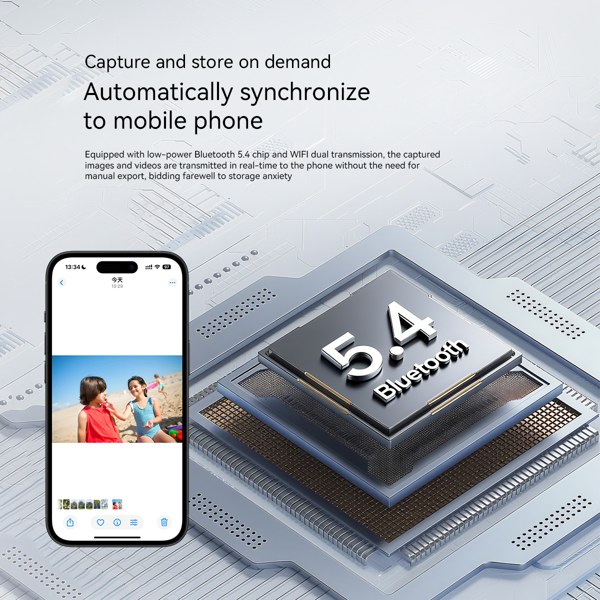 Smartfon wyświetla zdjęcia; chip Bluetooth 5.4 w tle.