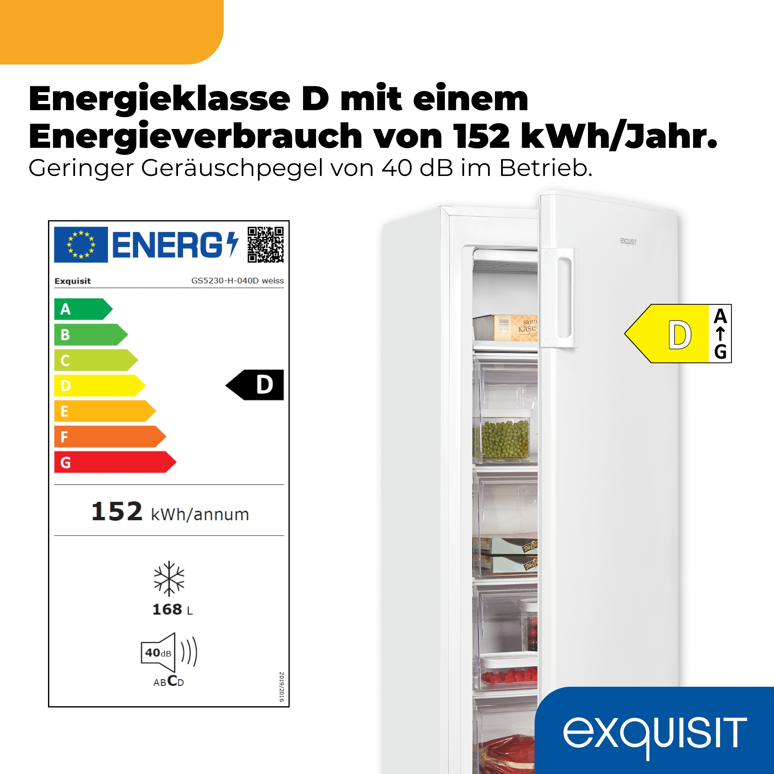 Ein weißer Kühlschrank mit Energieeffizienzklasse D, 152 kWh/Jahr, 168 L, 40 dB.