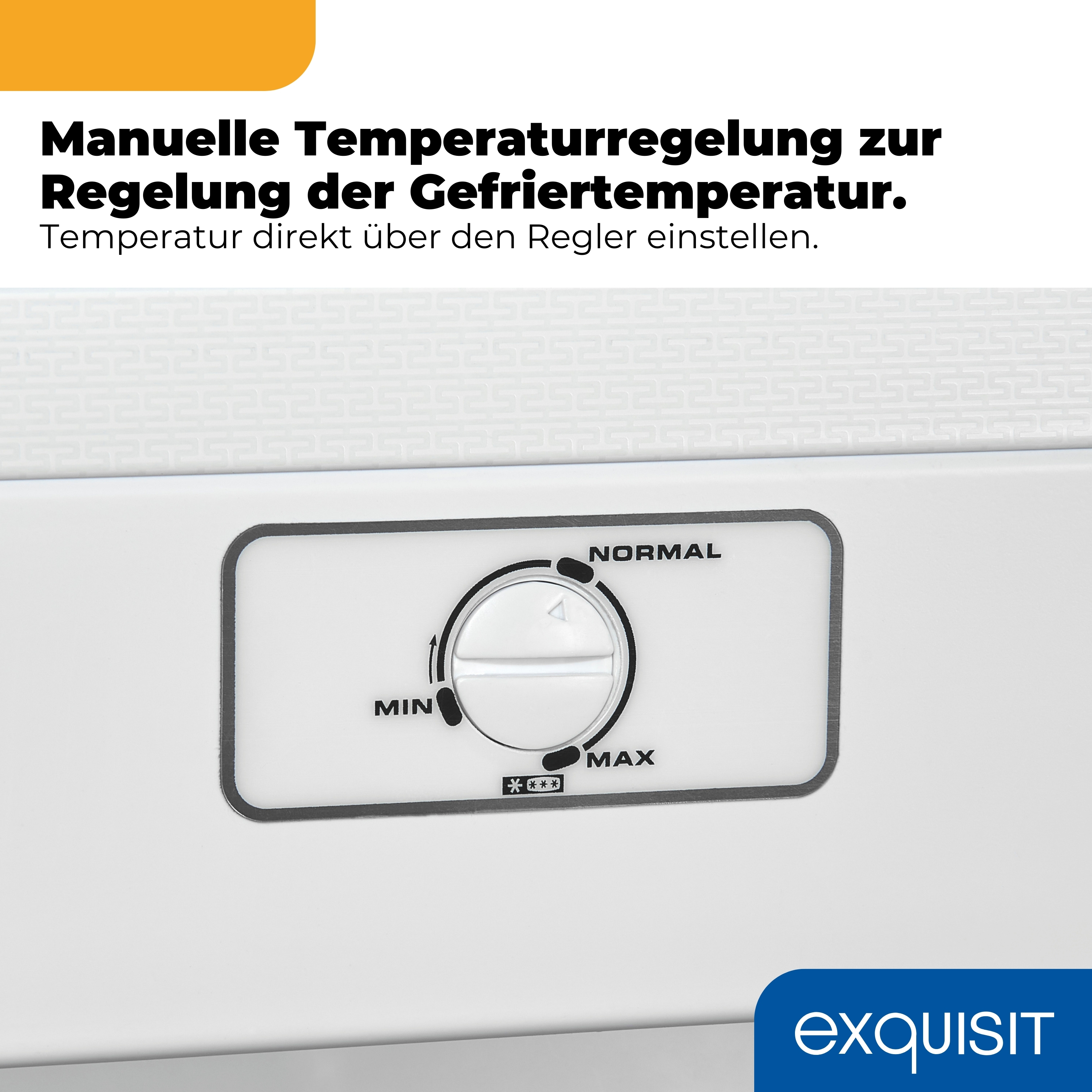 Ein weißer Drehregler für die Temperatur mit Min, Normal und Max.