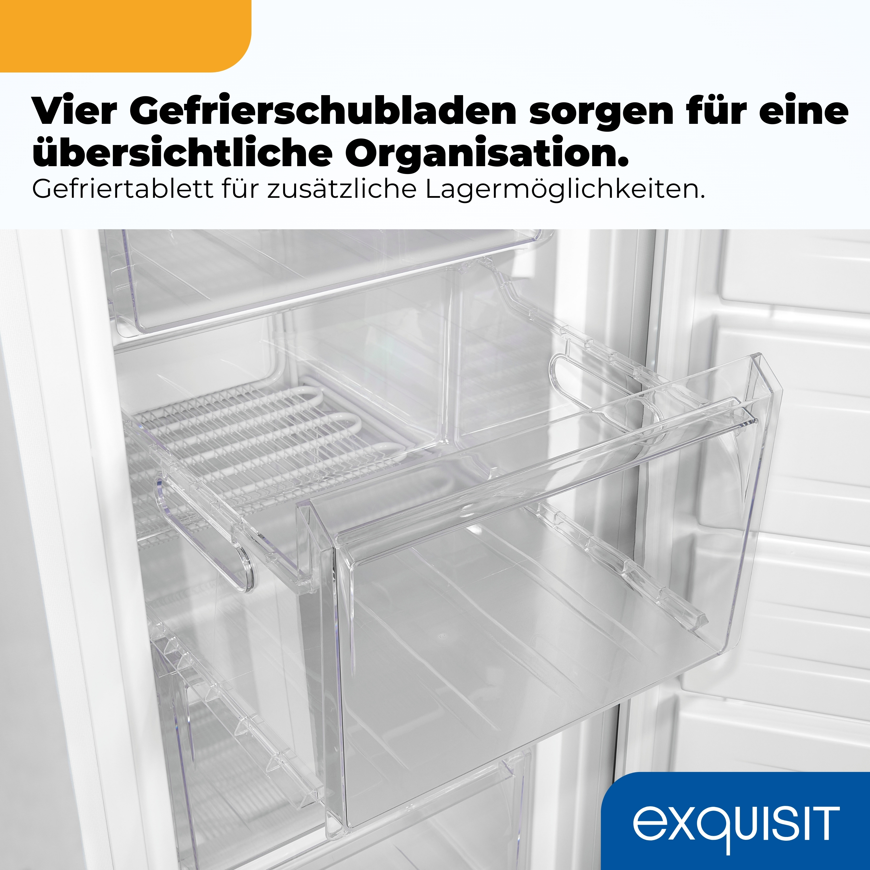 Transparente Gefrierschubladen und ein Fach für Organisation.