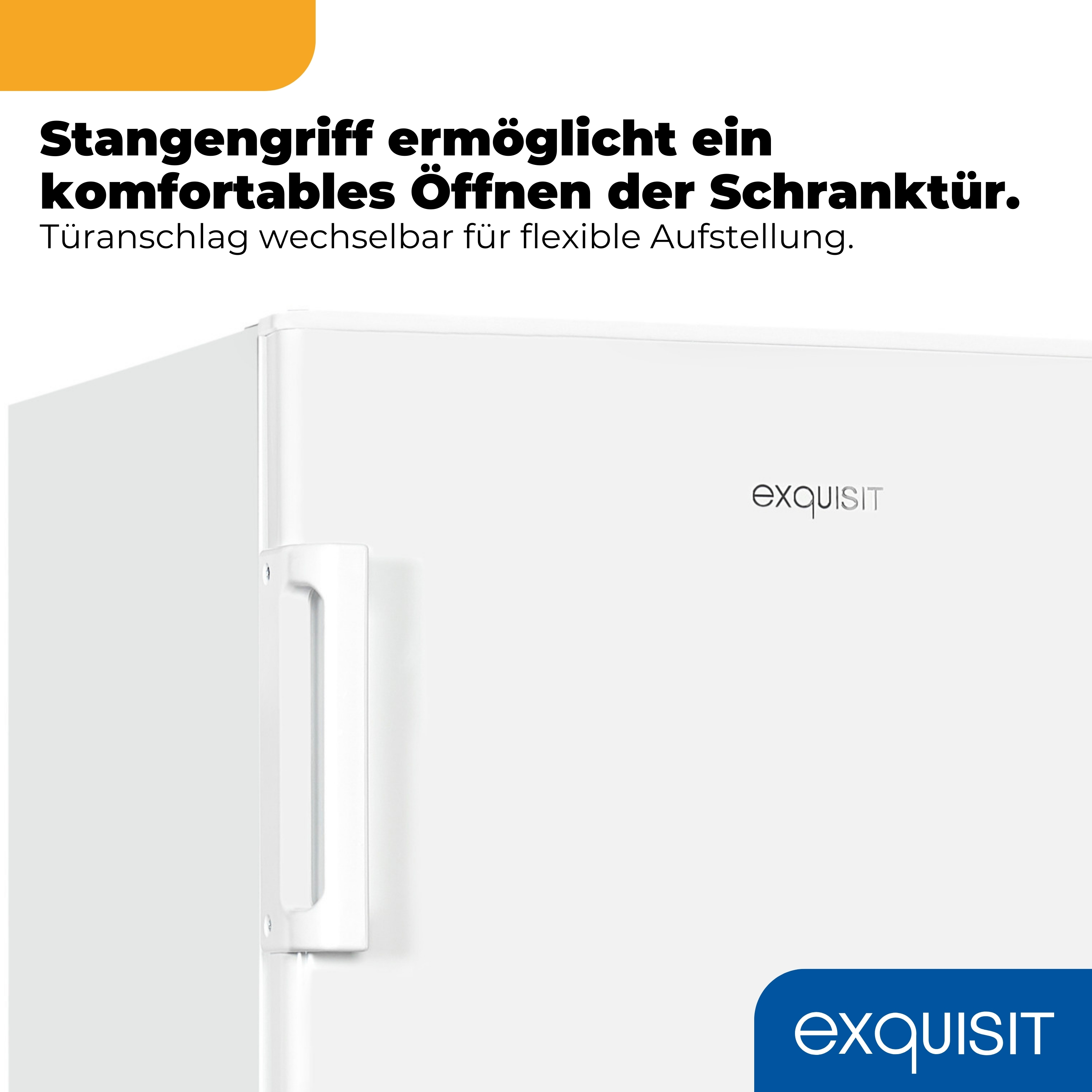 Weißer Kühlschrank mit Stangengriff und dem Logo 