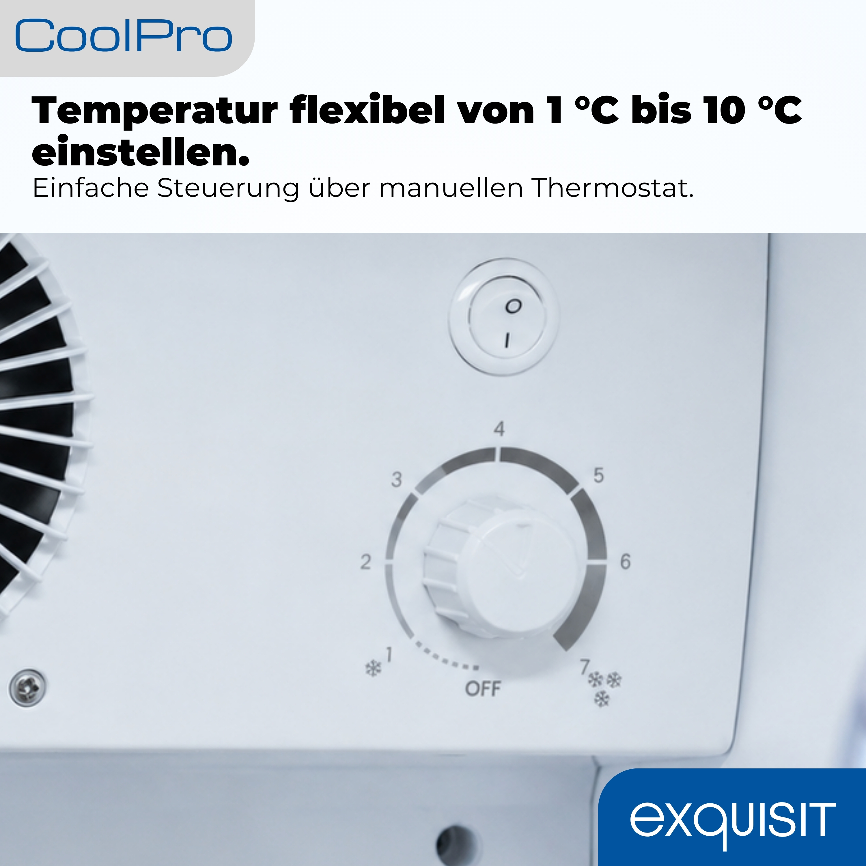Nahaufnahme eines weißen Thermostats mit Skala von 1-7, Lüfter und Markenschriftzug.
