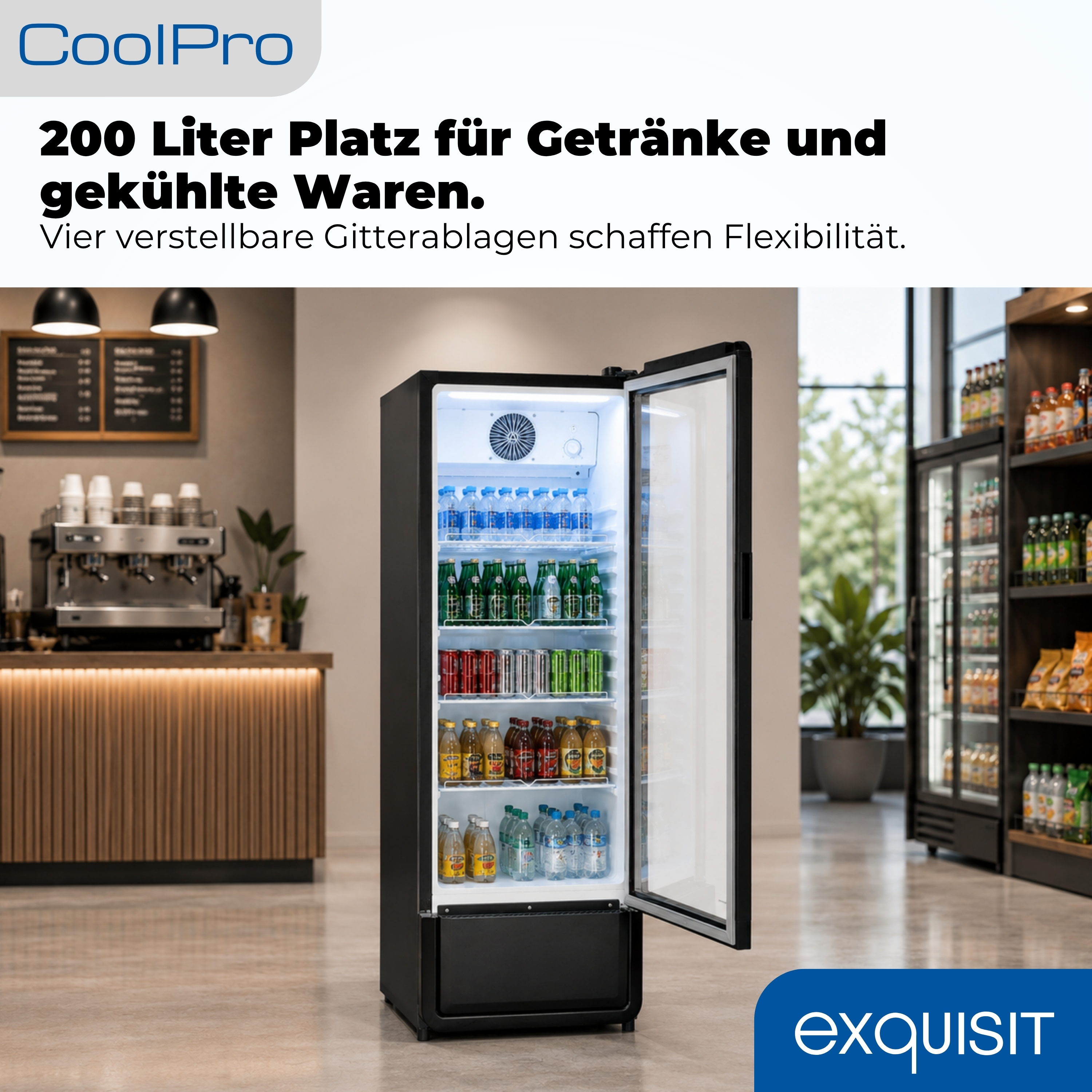 Ein schwarzer Kühlschrank mit offener Tür, gefüllt mit Flaschen und Dosen.