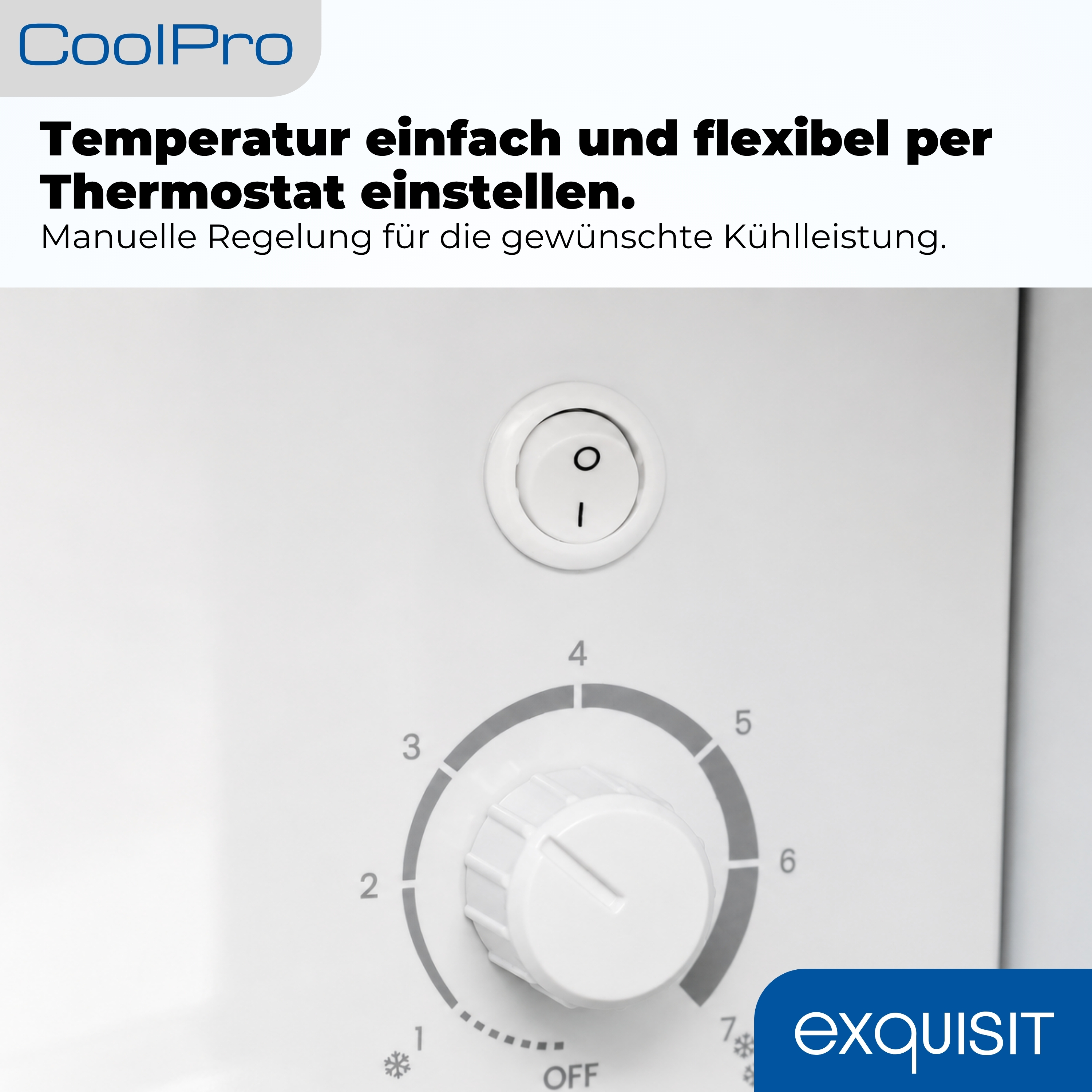 Ein weißer Thermostat mit Drehregler von 1 bis 7 und einem Schalter.