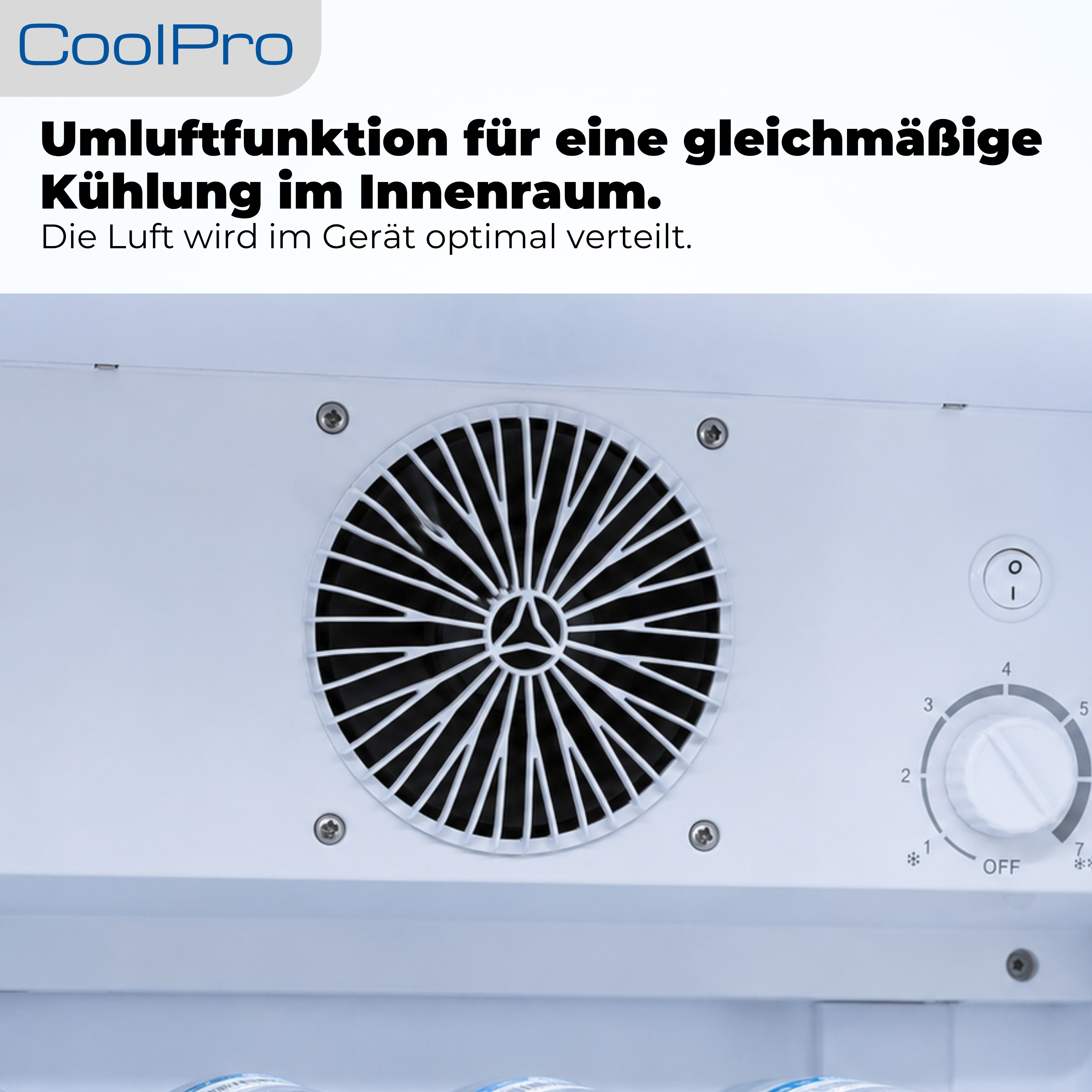 Ein Lüfter und ein Drehregler mit 7 Stufen auf weißem Hintergrund.