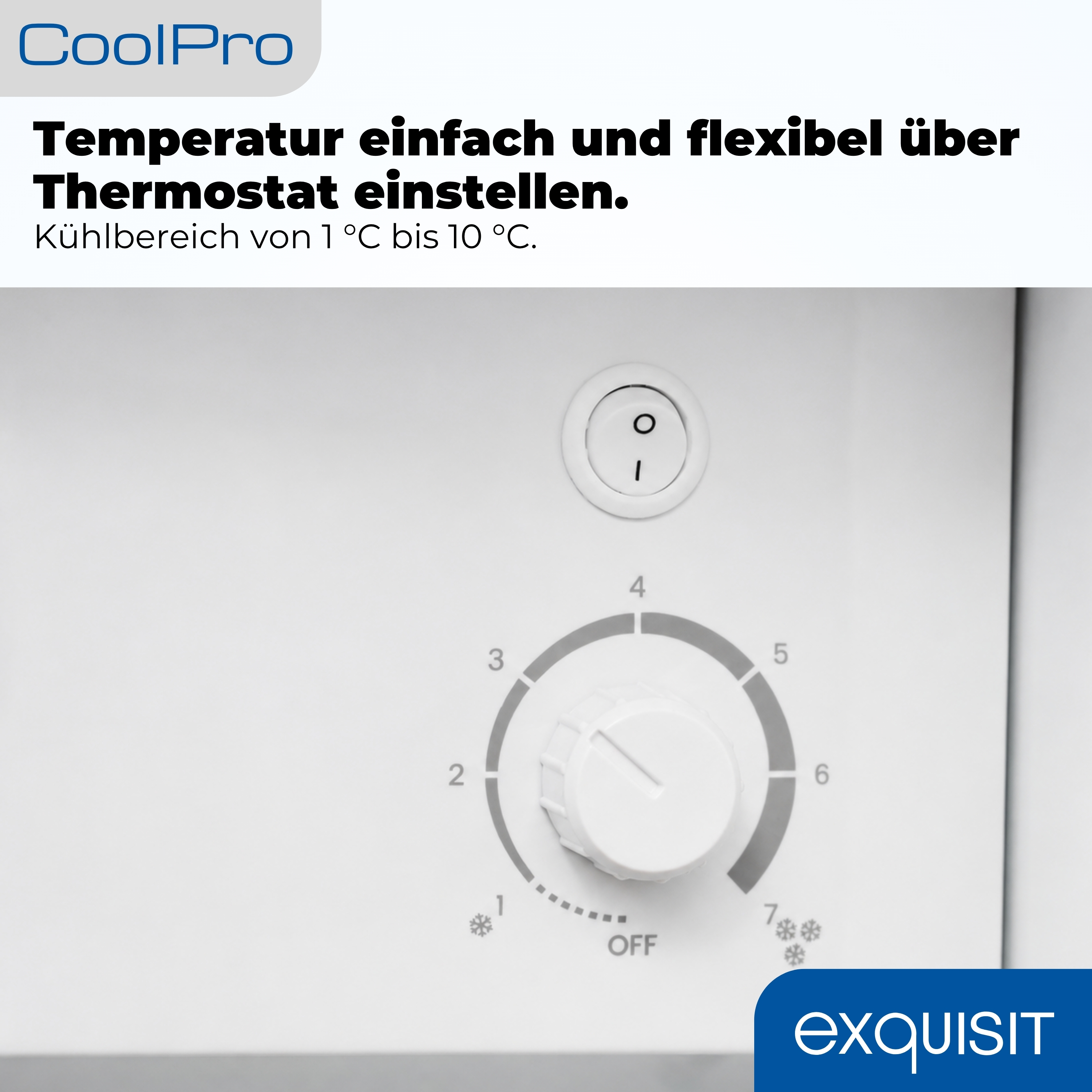 Nahaufnahme eines weißen Thermostatreglers mit Zahlen 1-7 und einem Ein-/Ausschalter.