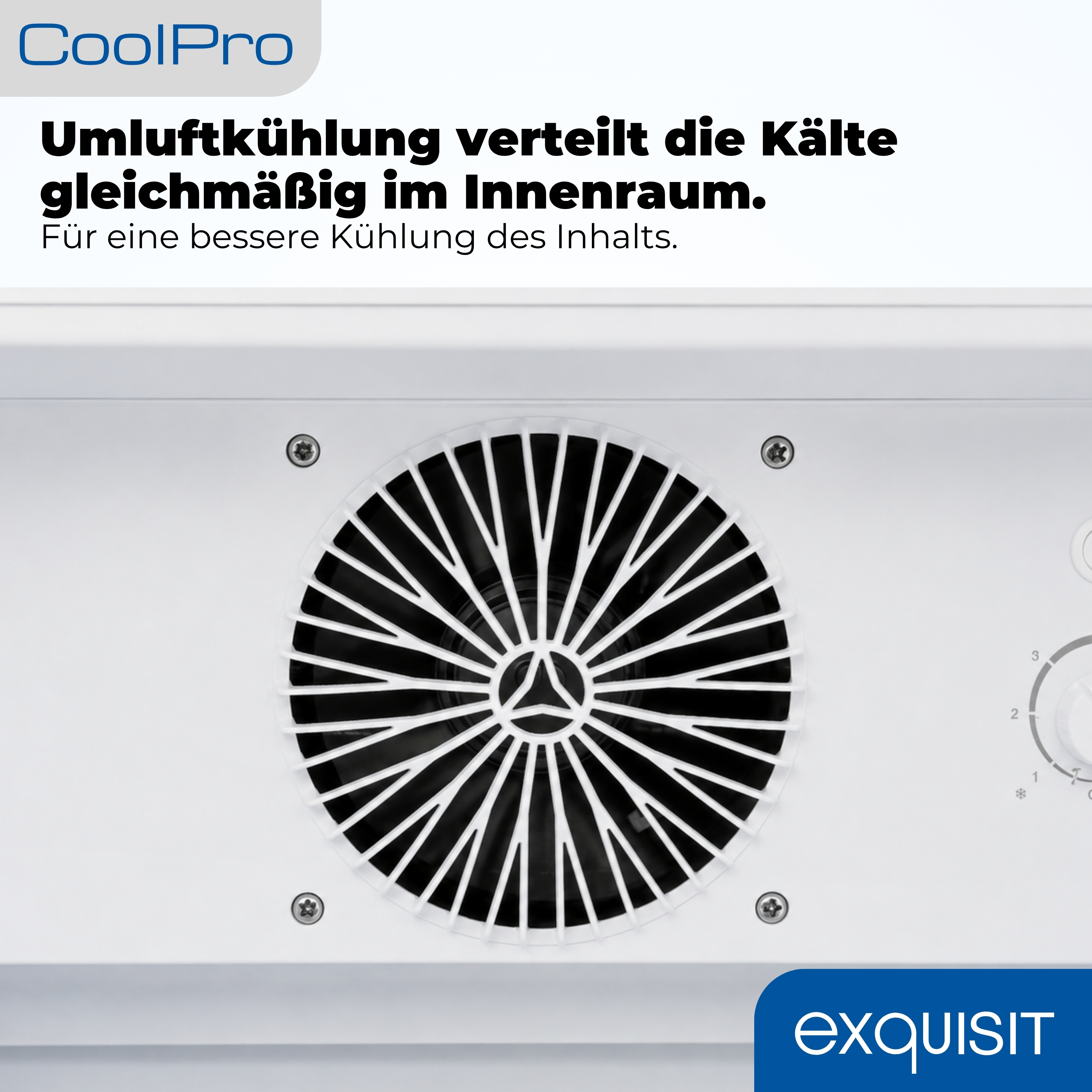 Weiße Kühlbox mit Lüftergitter und Drehknopf. CoolPro und Exquisit Logos.