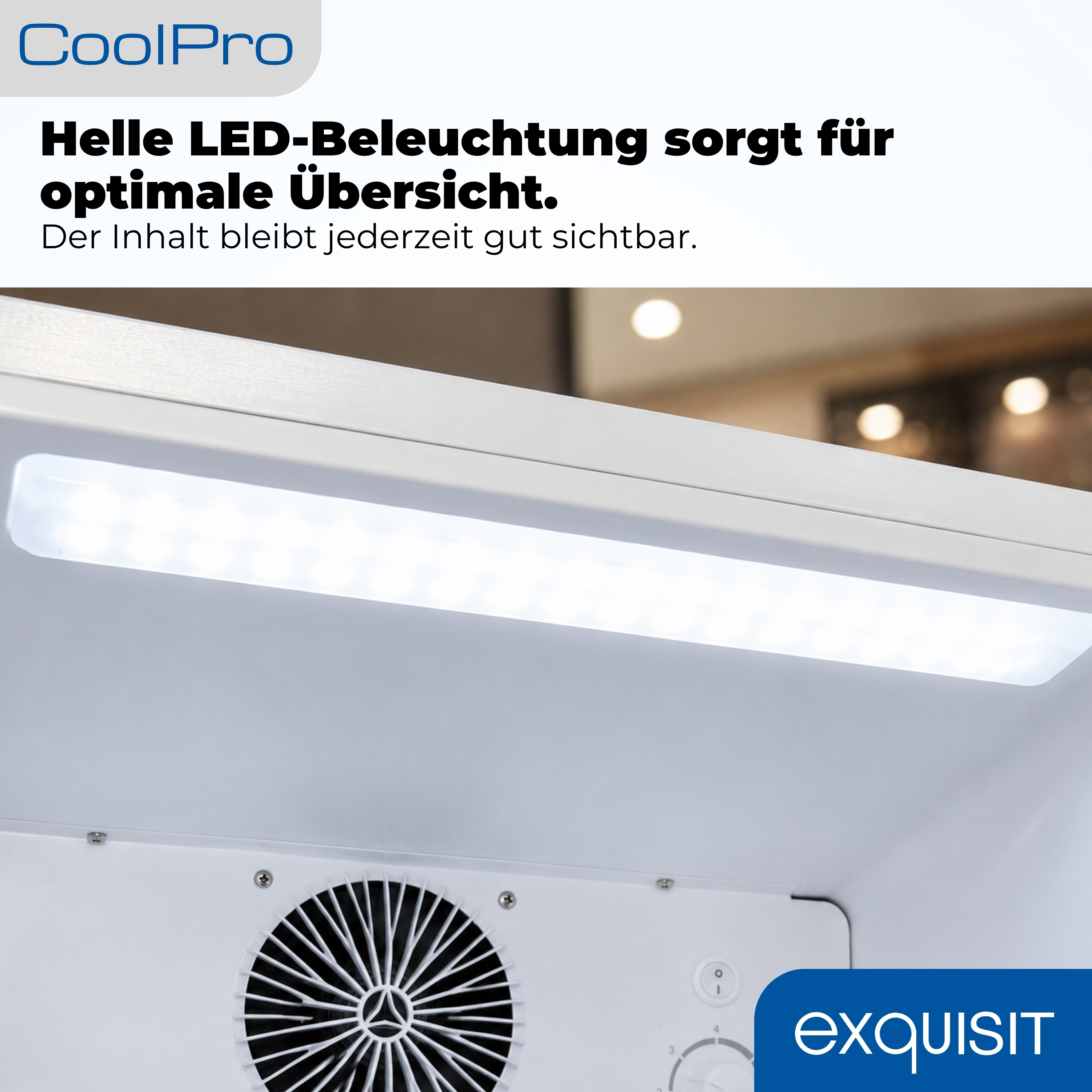 Helle LED-Beleuchtung und Lüfter in einem Kühlschrank.