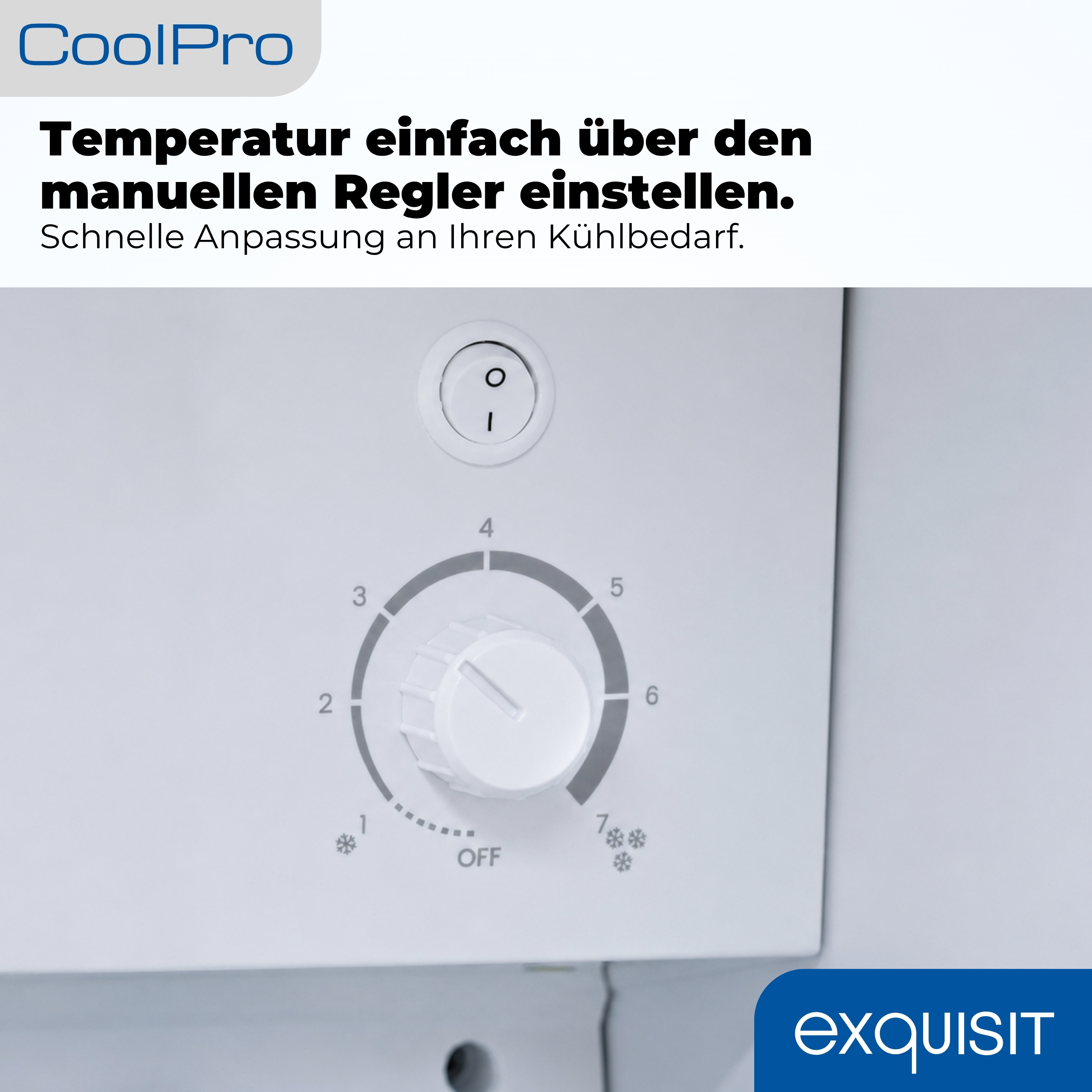 Ein weißer Drehregler mit Zahlen 1-7 und 'OFF'. Oben ein runder Schalter.