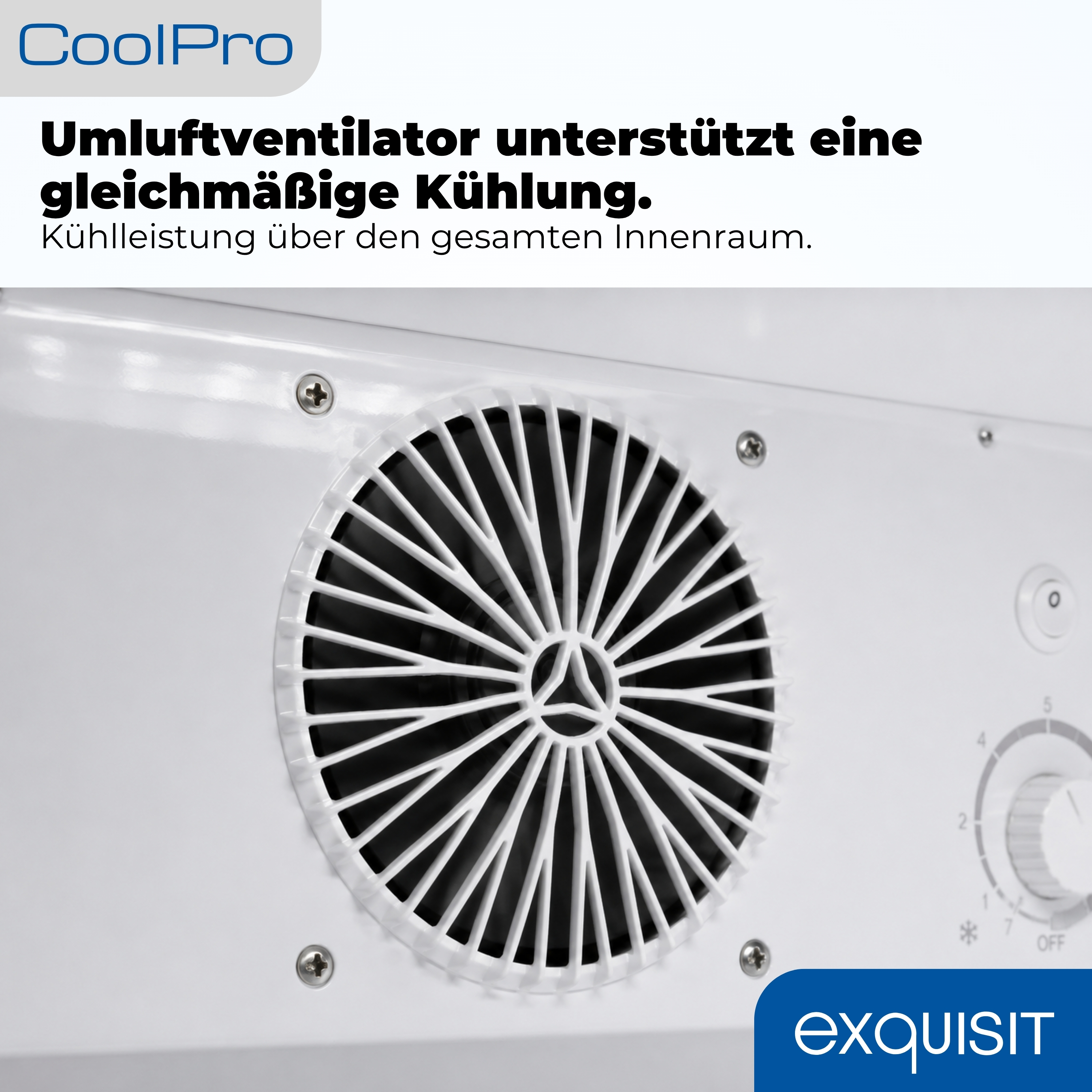 Ein weißer Umluftventilator mit Lüftungsgitter und ein Drehregler.