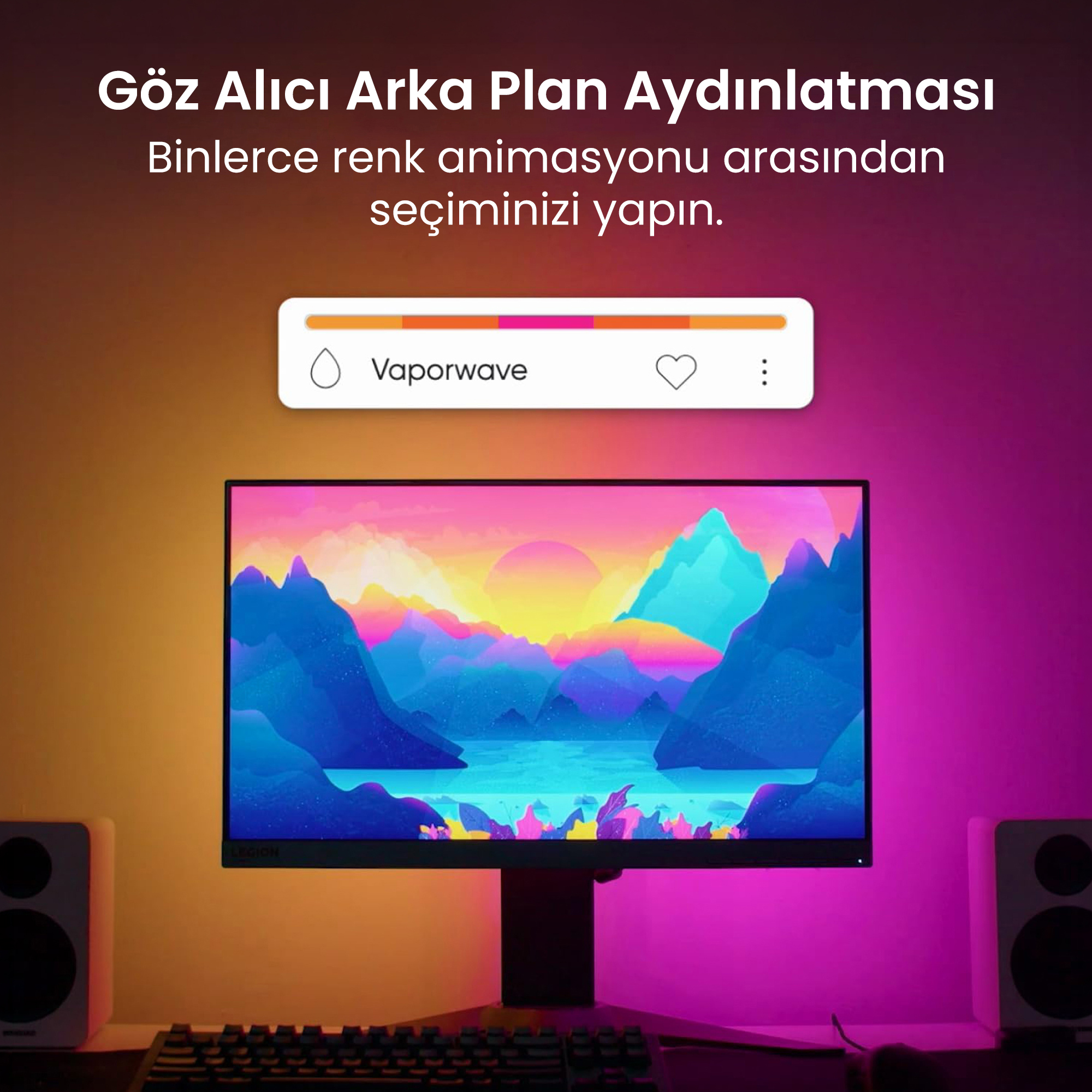 Monitörde dağlar ve su olan renkli bir manzara var. Renkli ambiyans aydınlatması.