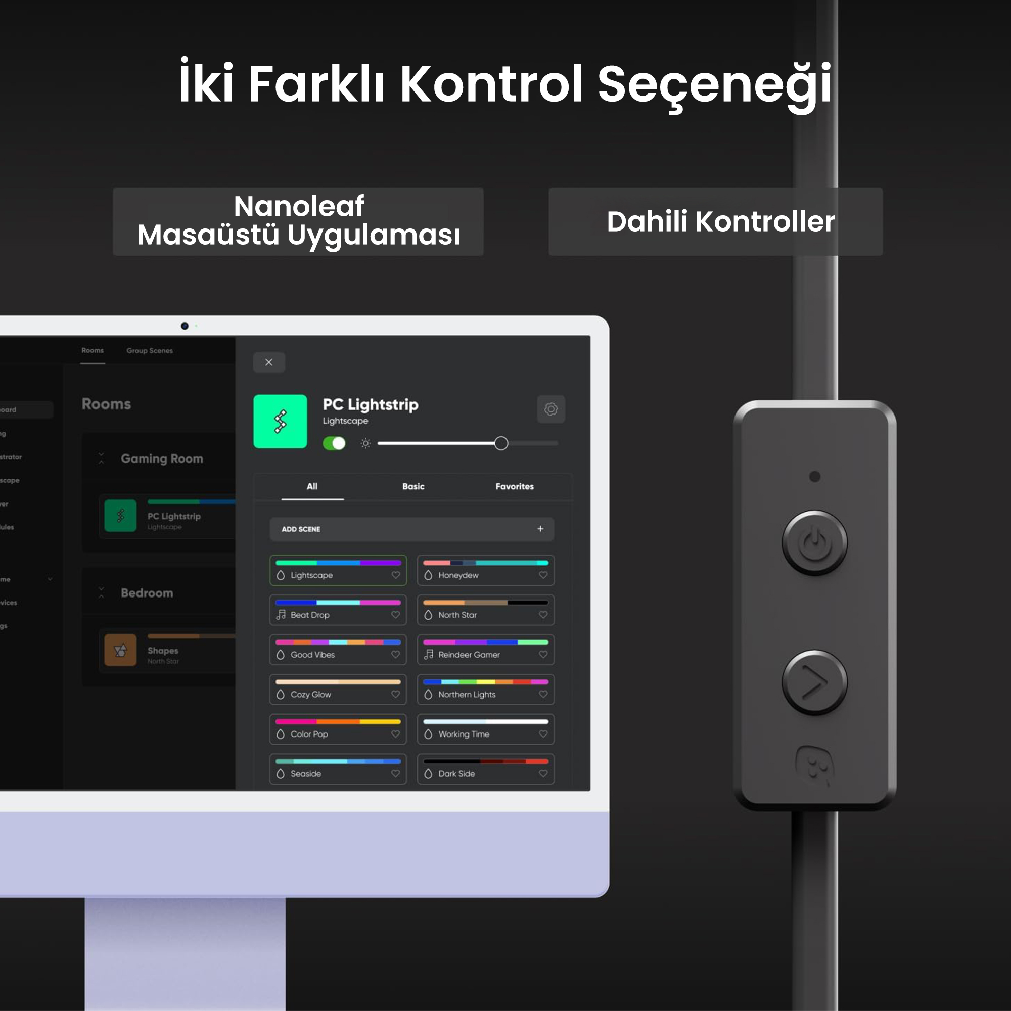 Nanoleaf uygulama ve ışık kontrolü için kumanda. Uygulama sahneleri ve fiziksel kumandayı gösterir.