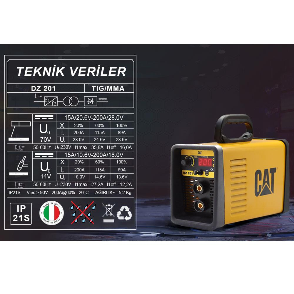 Teknik veriler ve semboller içeren sarı CAT kaynak makinesi.