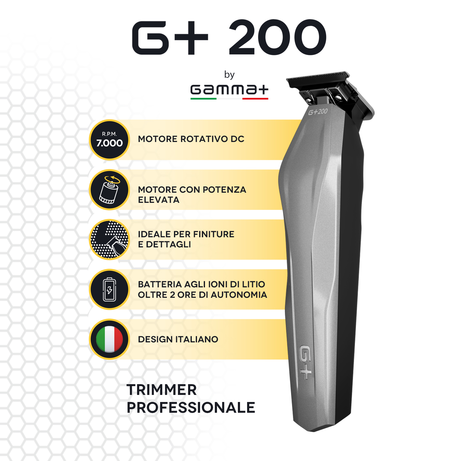 Trimmer professionale G+ 200 con motore DC, 7000 RPM, alta potenza, design italiano.