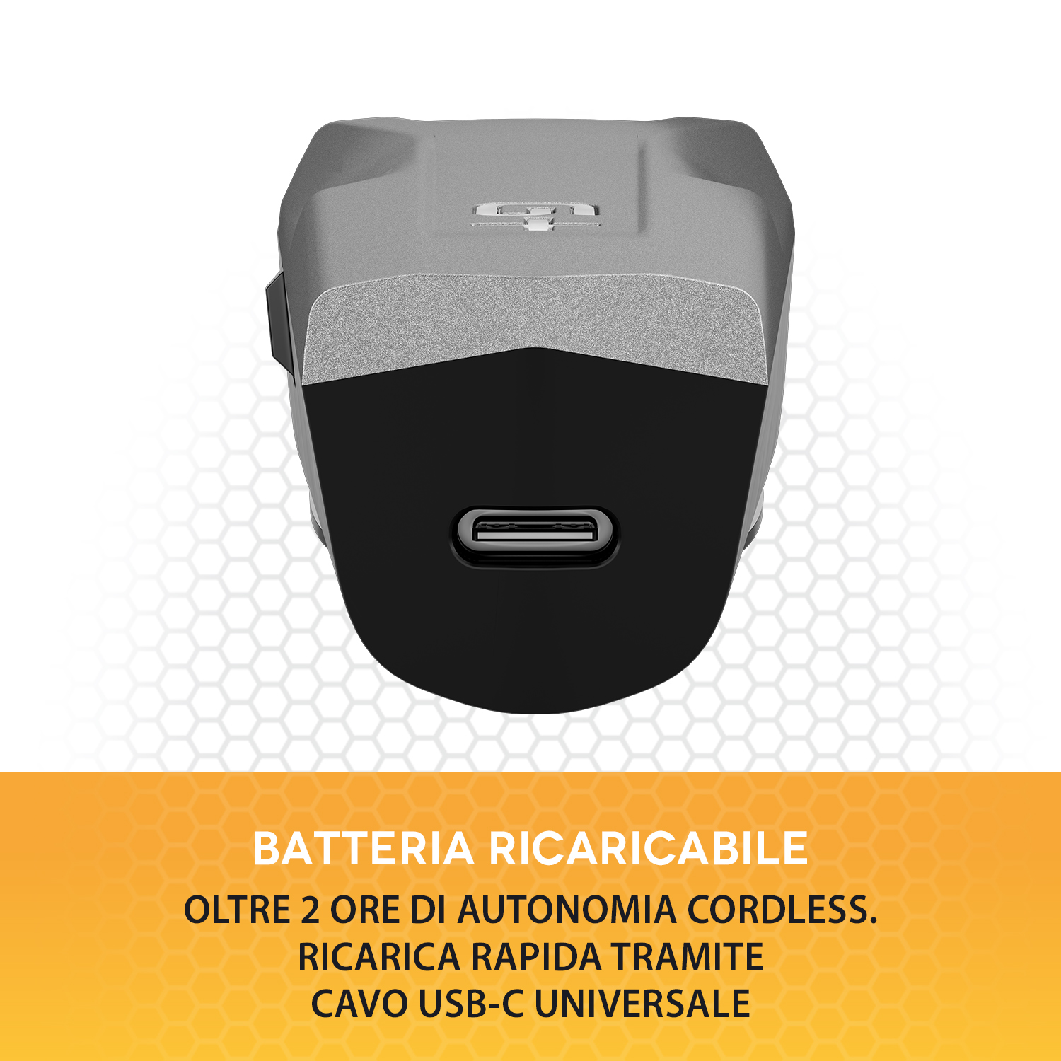 Batteria grigia e nera con porta USB-C. Testo: Batteria ricaricabile.