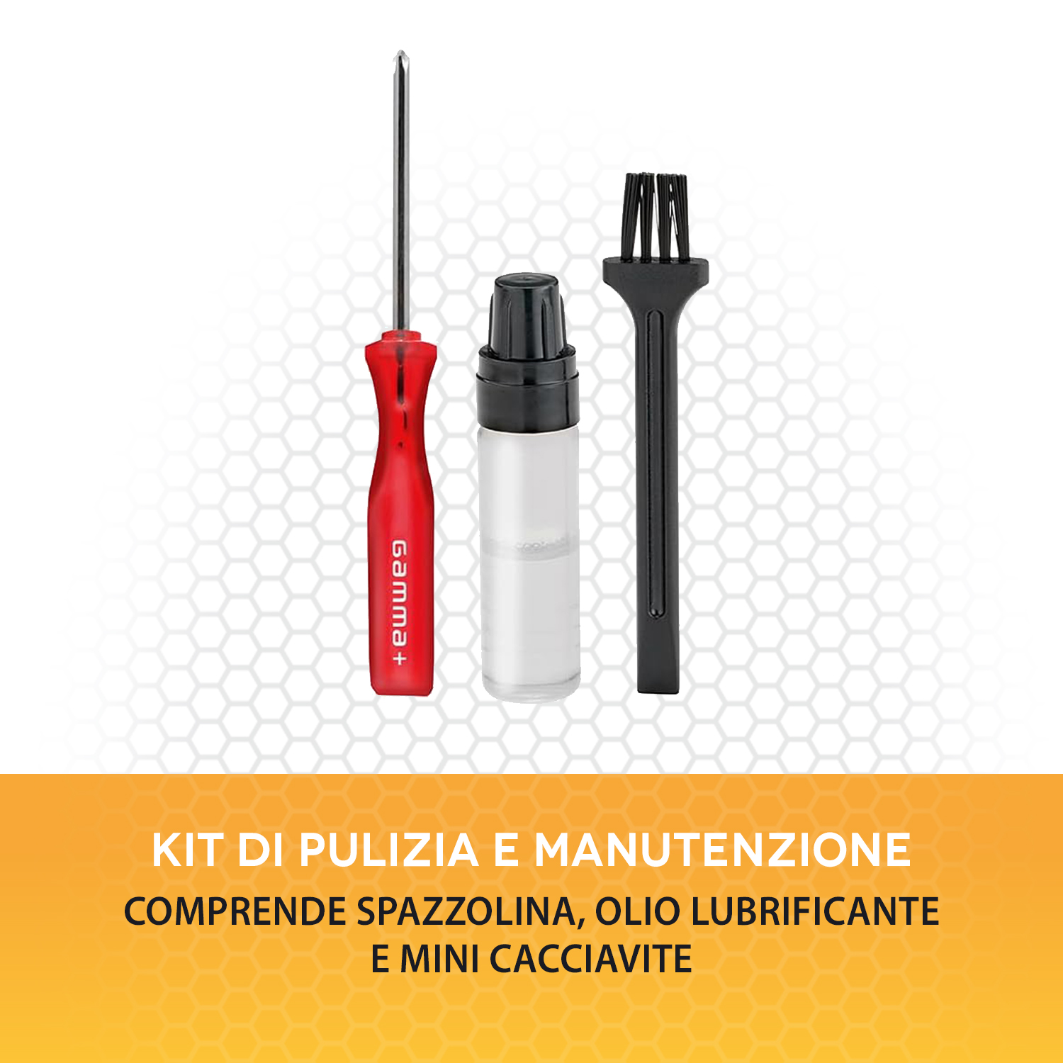 Kit di pulizia con cacciavite rosso, flacone di olio e spazzola nera.