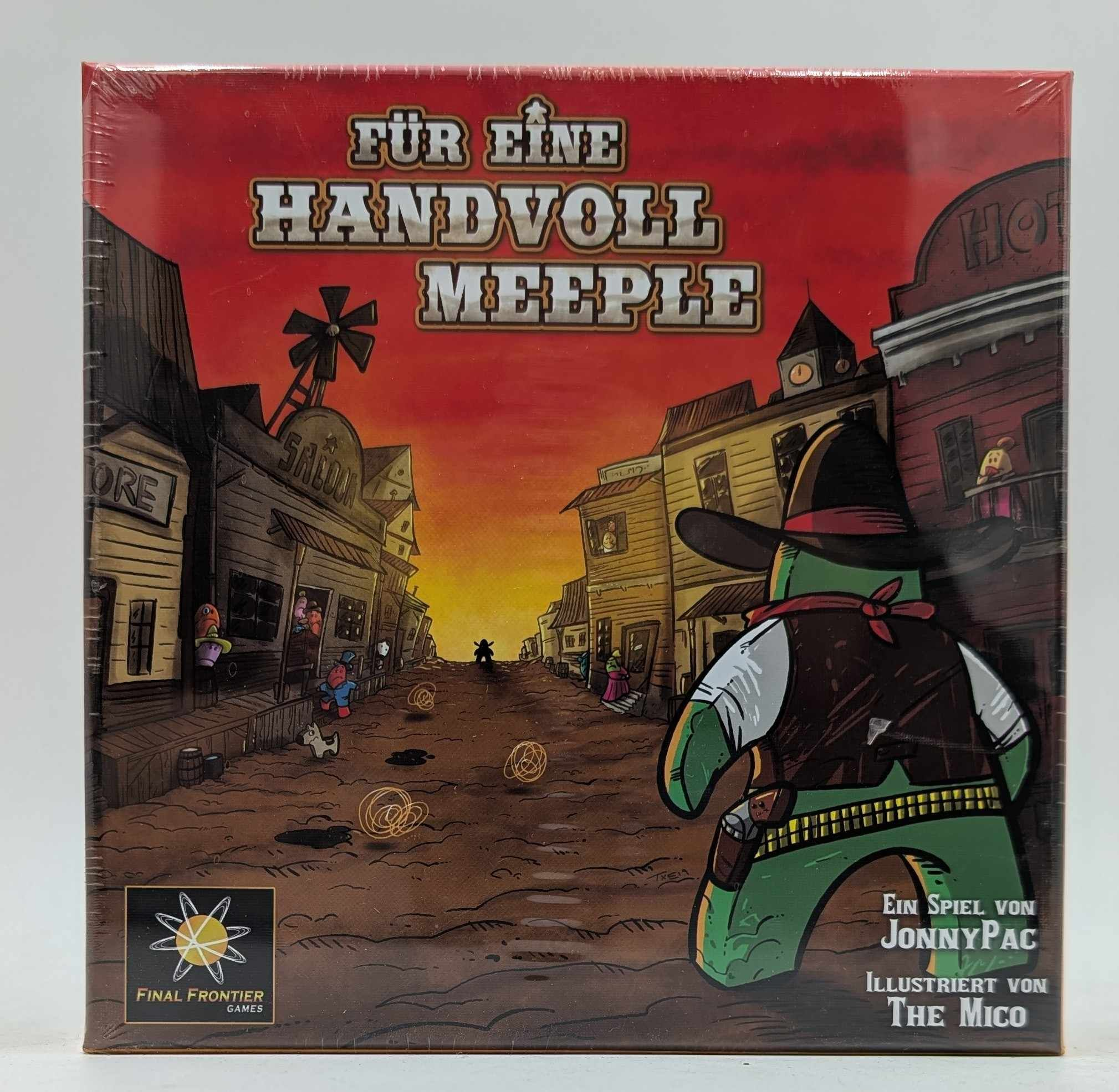 Brettspielbox mit Wild-West-Szene, grüner Meeple-Figur und Text.