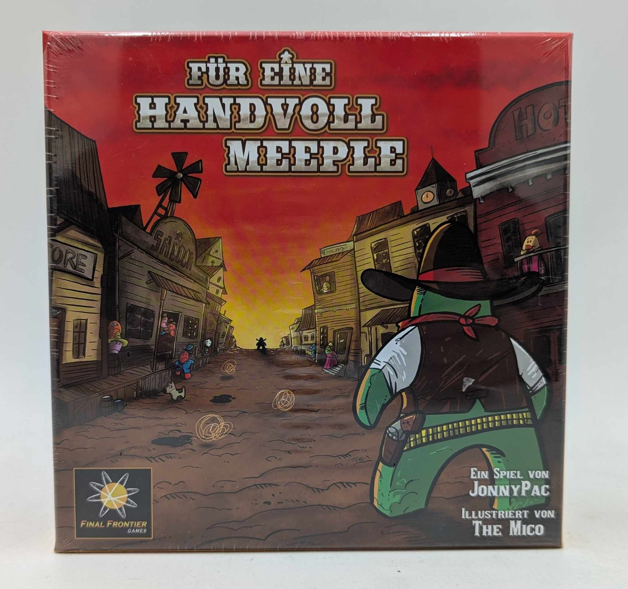 Brettspielcover: Wilder Westen-Szene mit grüner Figur, Saloon und Hotel.