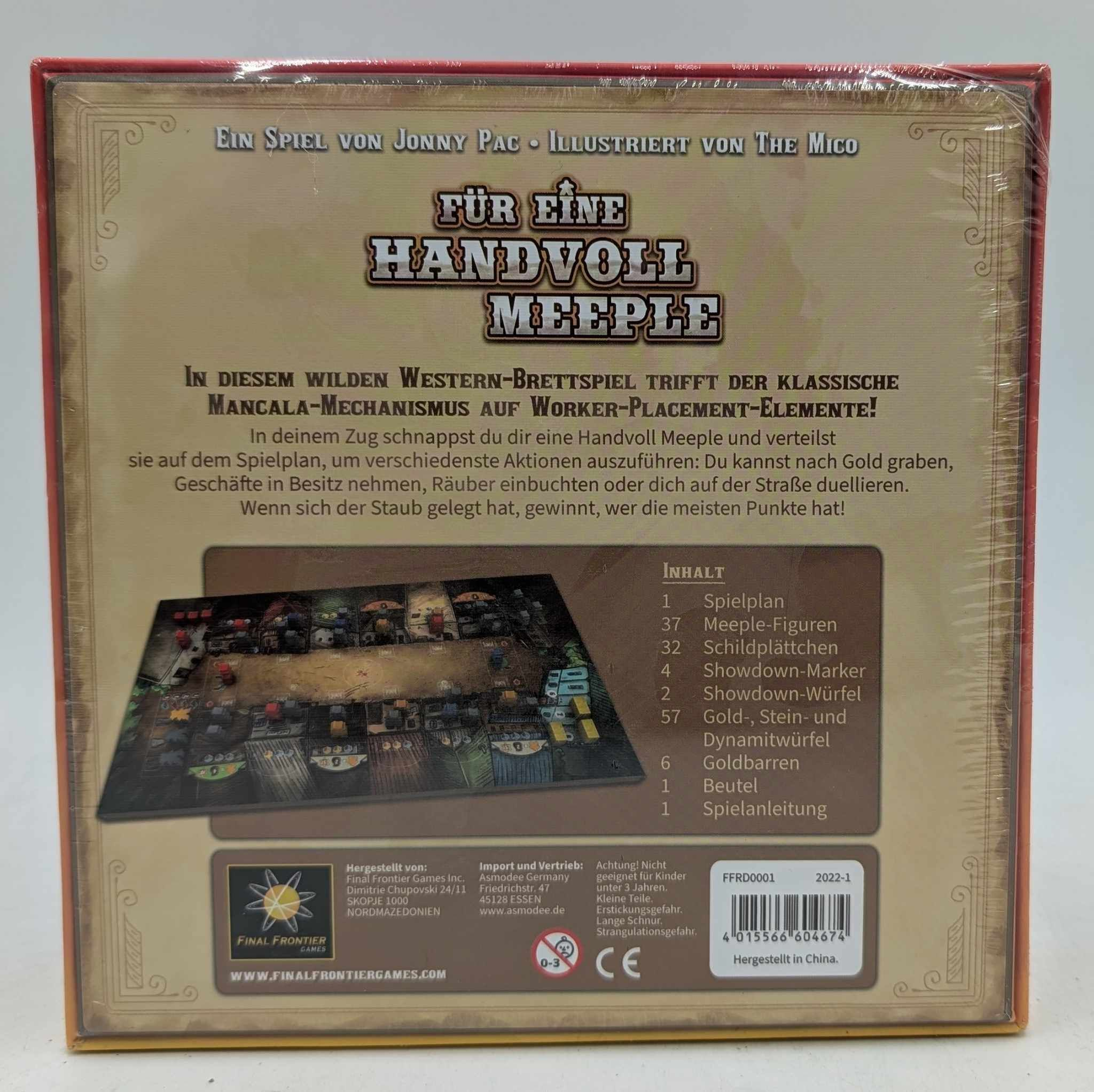 Brettspielbox mit dem Titel "Für eine Handvoll Meeple". Enthält Spielbrett, Figuren und Zubehör.
