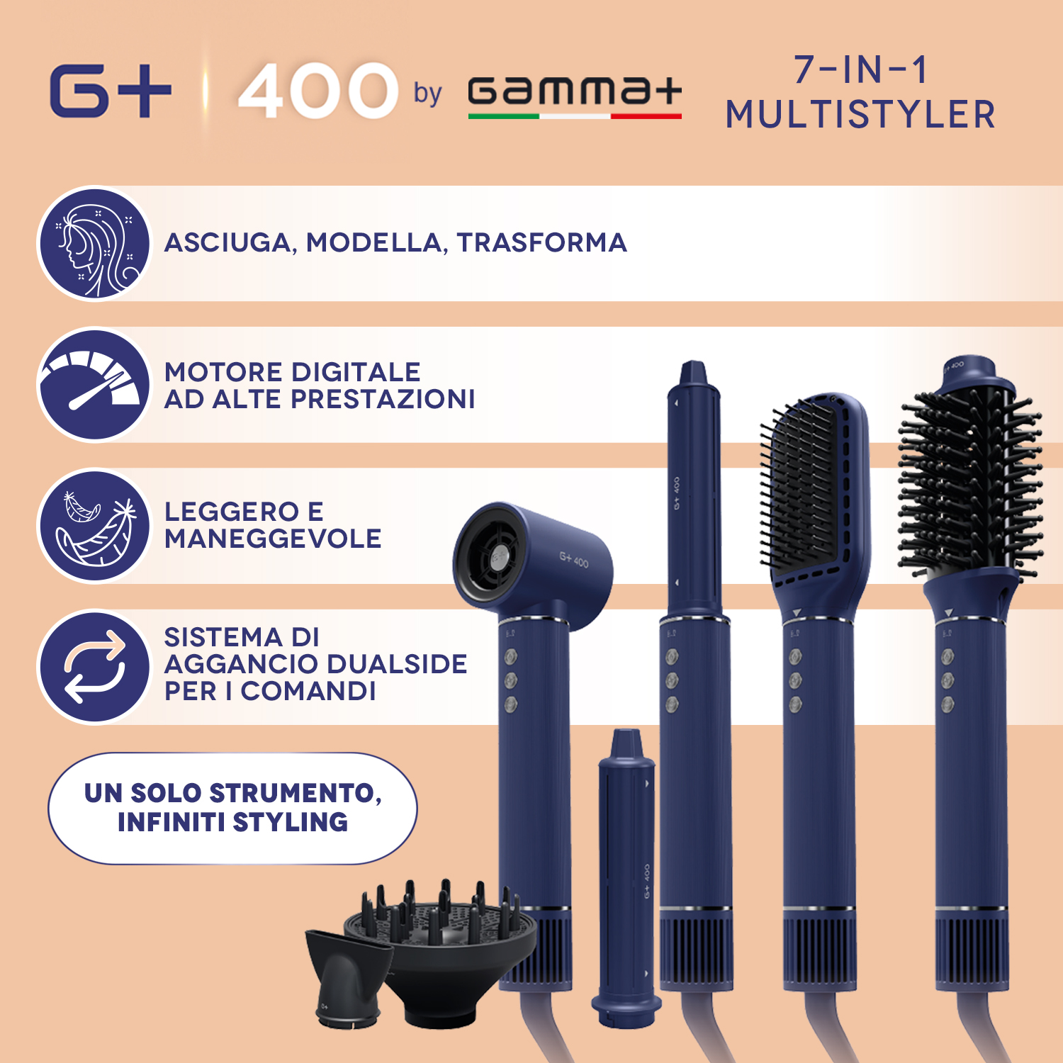Un set multistyler blu 7 in 1 con vari accessori e icone.
