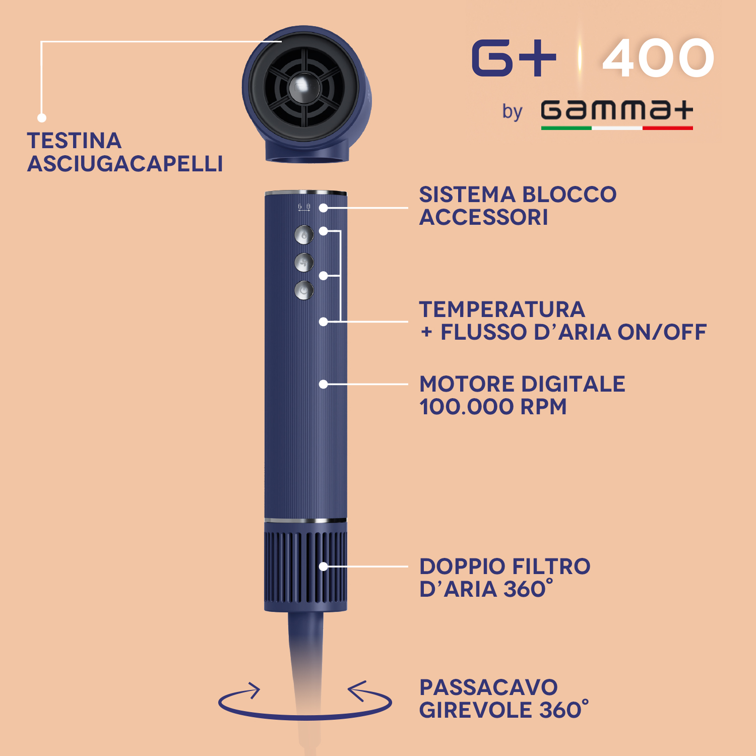 Asciugacapelli blu scuro con sistema blocco accessori e funzioni digitali.