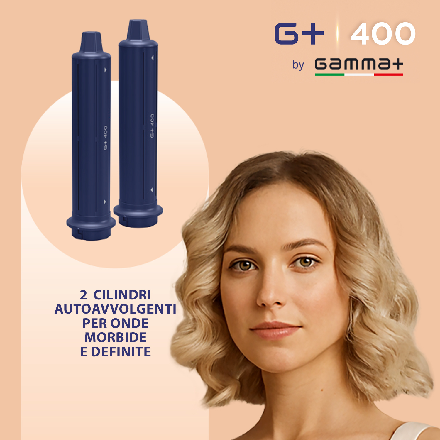 Due cilindri blu con logo e testo, accanto al volto di una donna.
