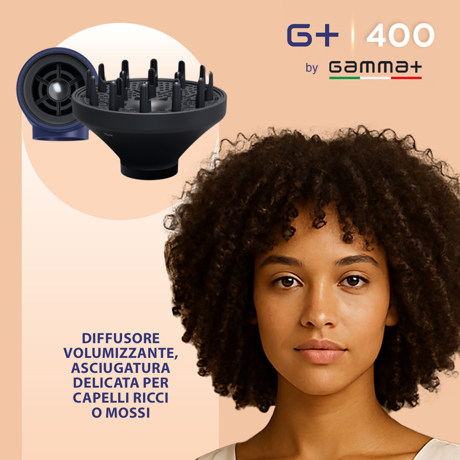 Un diffusore per ricci e una donna con capelli ricci, G+ 400 di Gamma+.