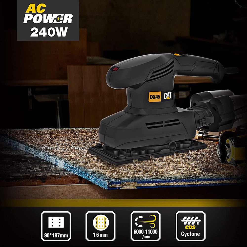 Siyah CAT zımpara makinesi, 240W güçle ahşap ve zımpara kağıdı üzerinde.