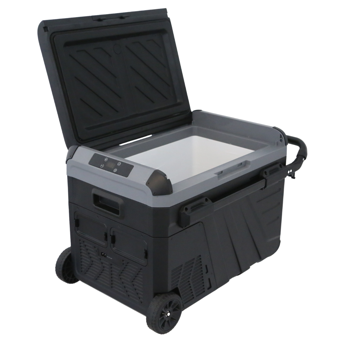 Un refrigerador portátil negro con tapa abierta, ruedas y asa.