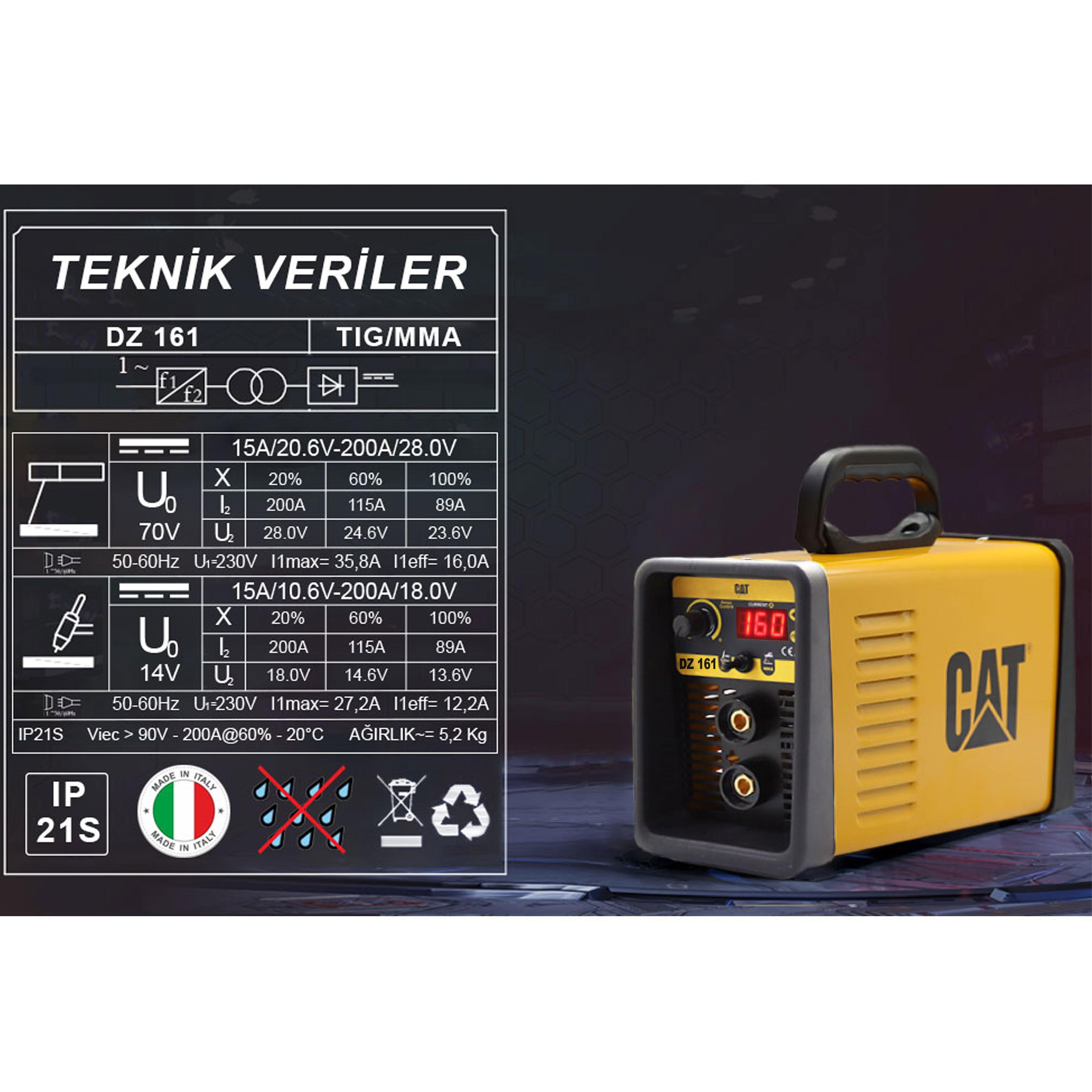 Soldaki teknik verileriyle sarı bir CAT kaynak invertörü DZ 161.
