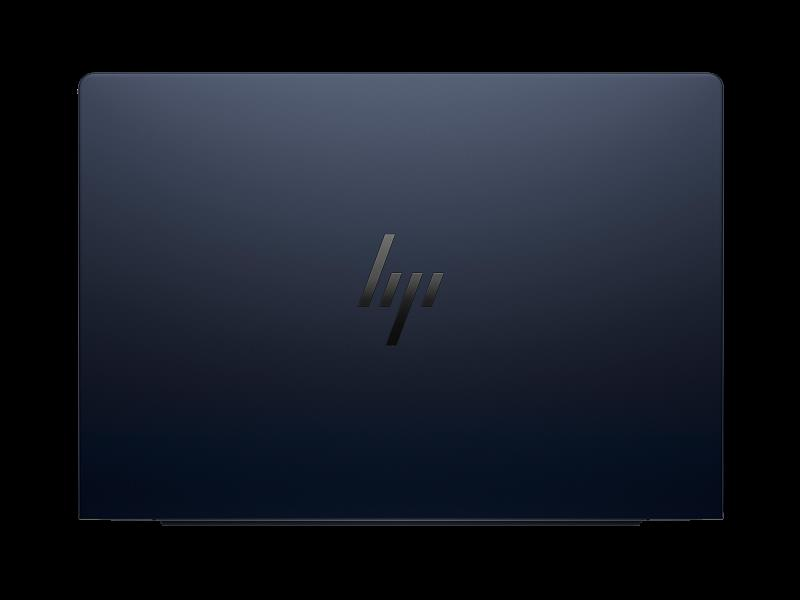 Ortada gümüş logo bulunan kapalı lacivert HP dizüstü bilgisayar.
