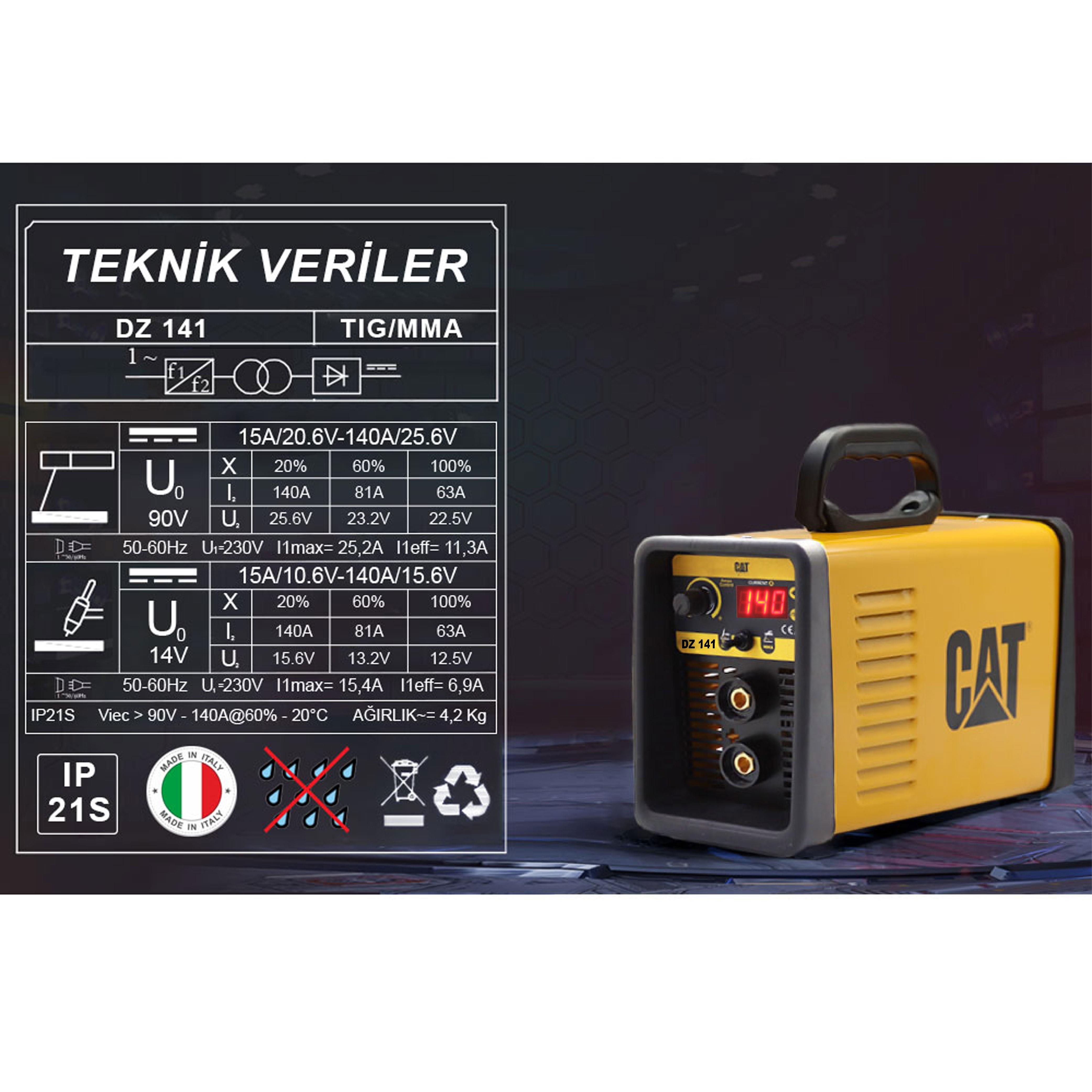 Teknik veriler ve semboller içeren sarı CAT kaynak invertörü DZ 141.