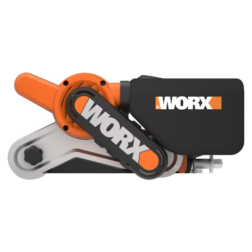Ein orangefarbenes und schwarzes Worx Werkzeug mit Bandschleifer-Design.