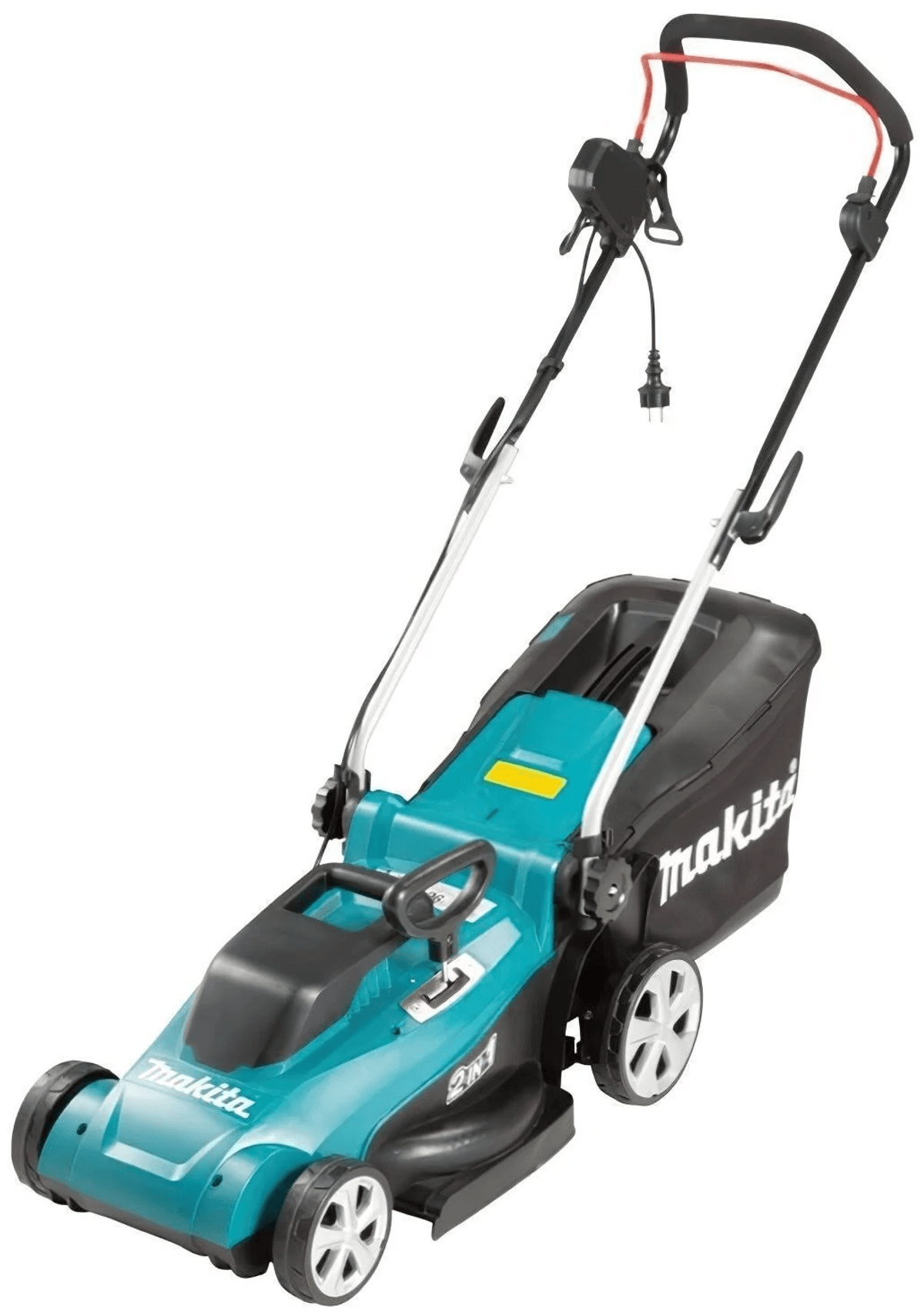 Un cortacésped Makita turquesa con recogedor de hierba negro y mangos plateados.