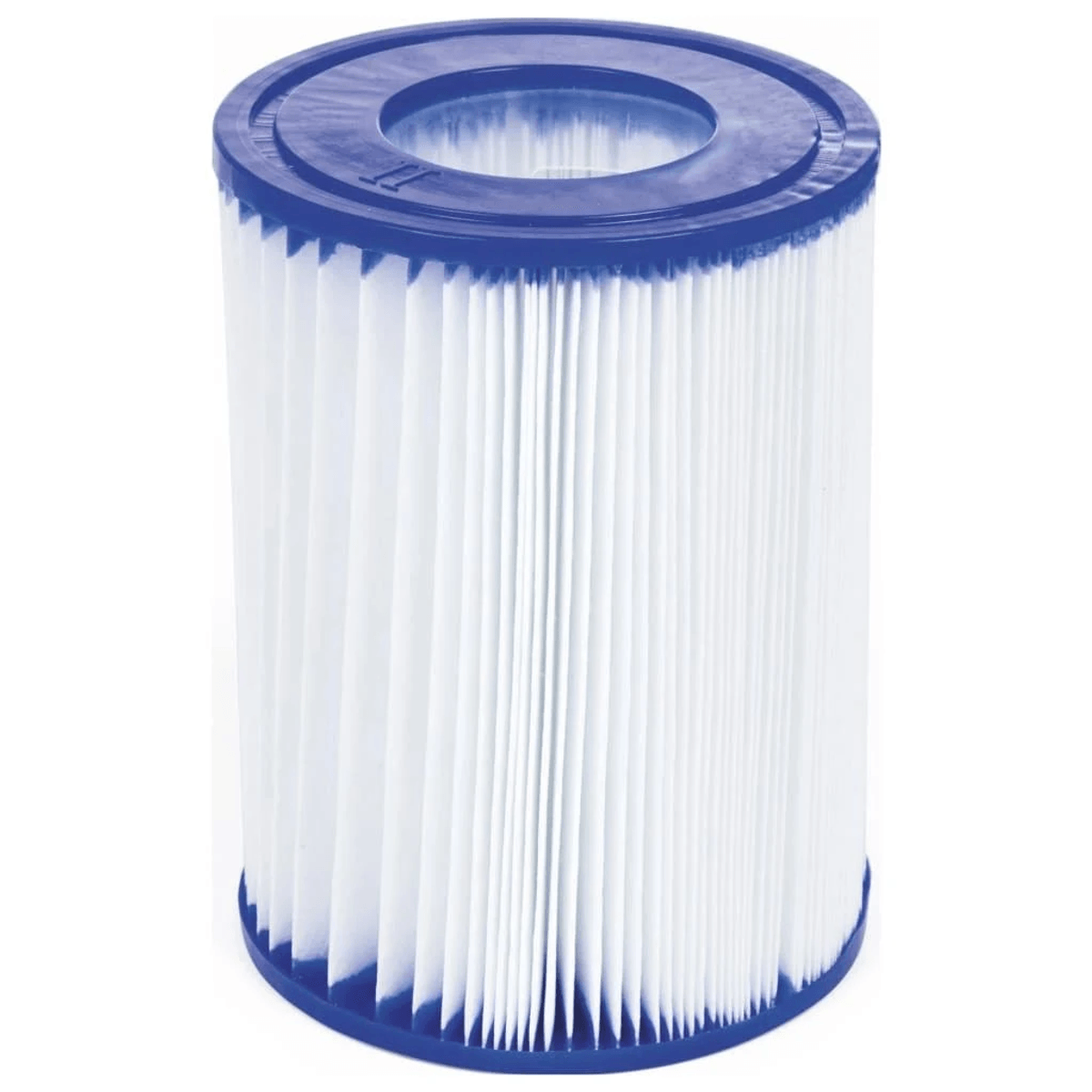 Ein zylindrischer Poolfilter mit blauen Endkappen und weißen Falten.