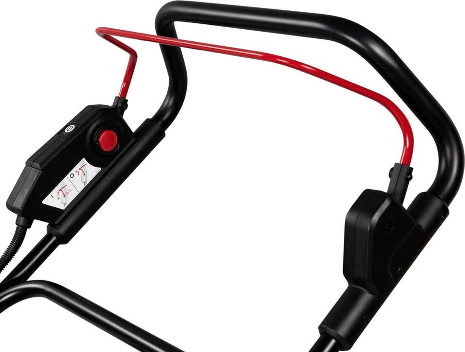 Primer plano del mango de un cortacésped con controles rojos y negros.