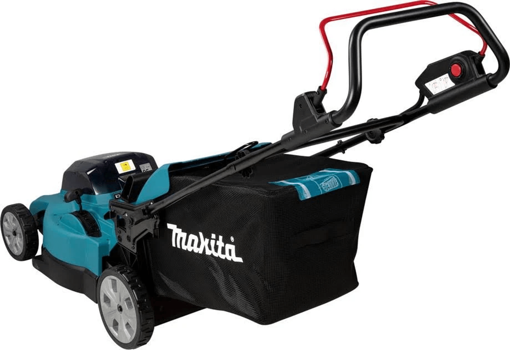 Un cortacésped Makita turquesa con cesto de recogida negro y manillar rojo.
