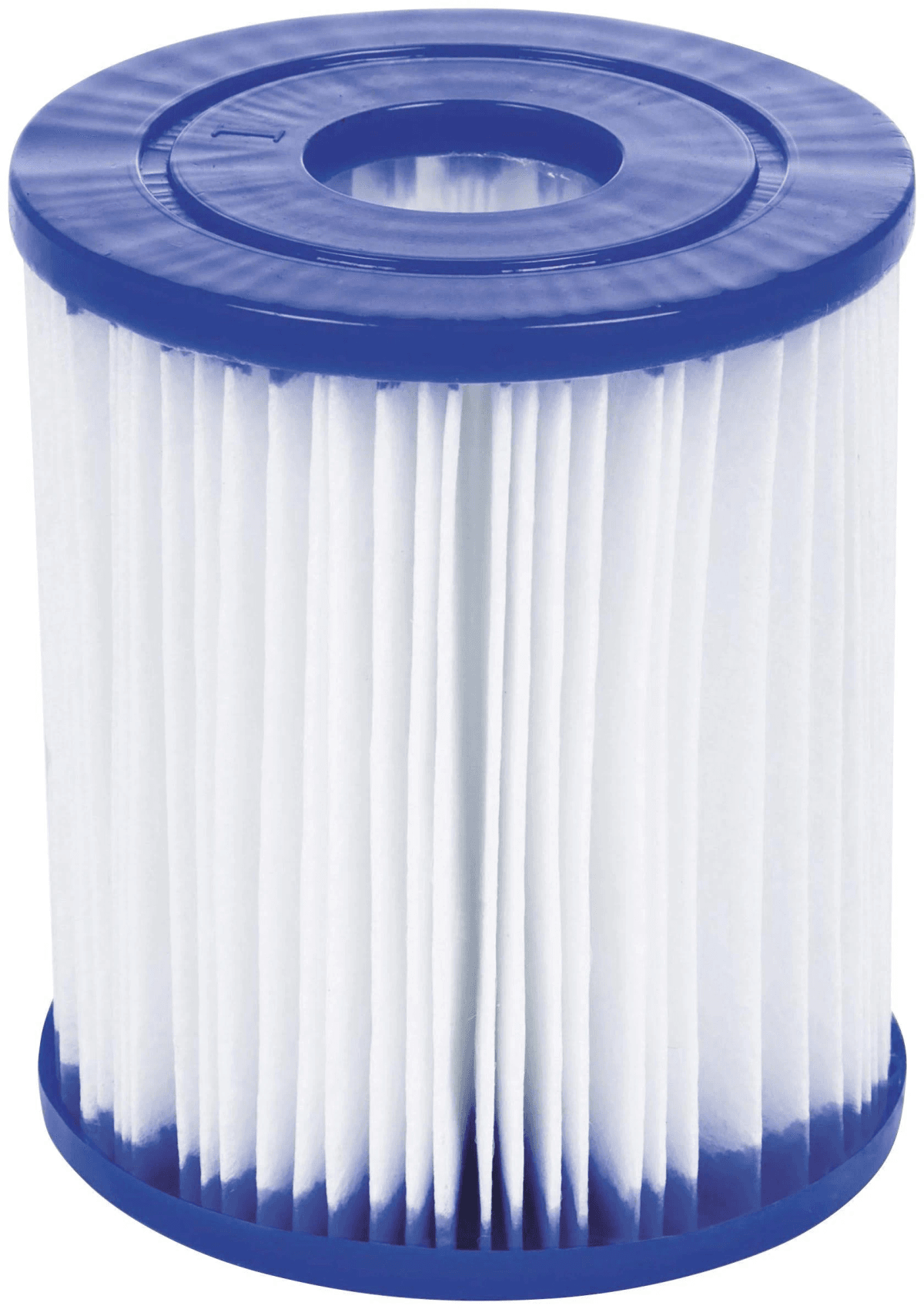 Ein zylindrischer weißer Filter mit blauen Kappen oben und unten.