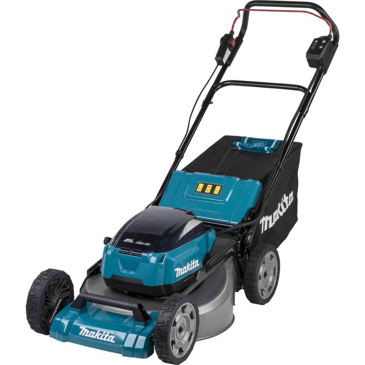Un tosaerba Makita blu e nero con ruote e sacco per l'erba.