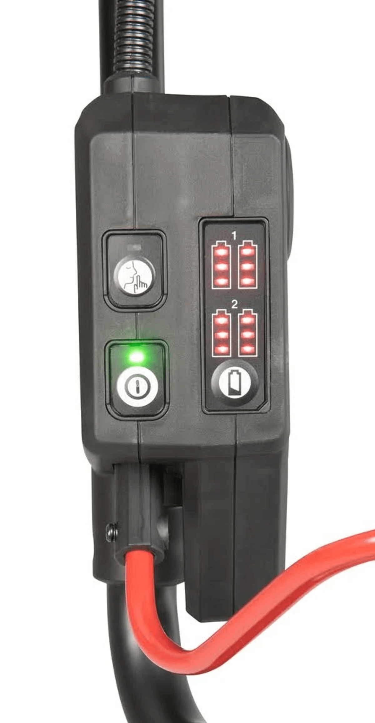 Pannello di controllo nero con indicatori batteria e pulsante verde acceso.