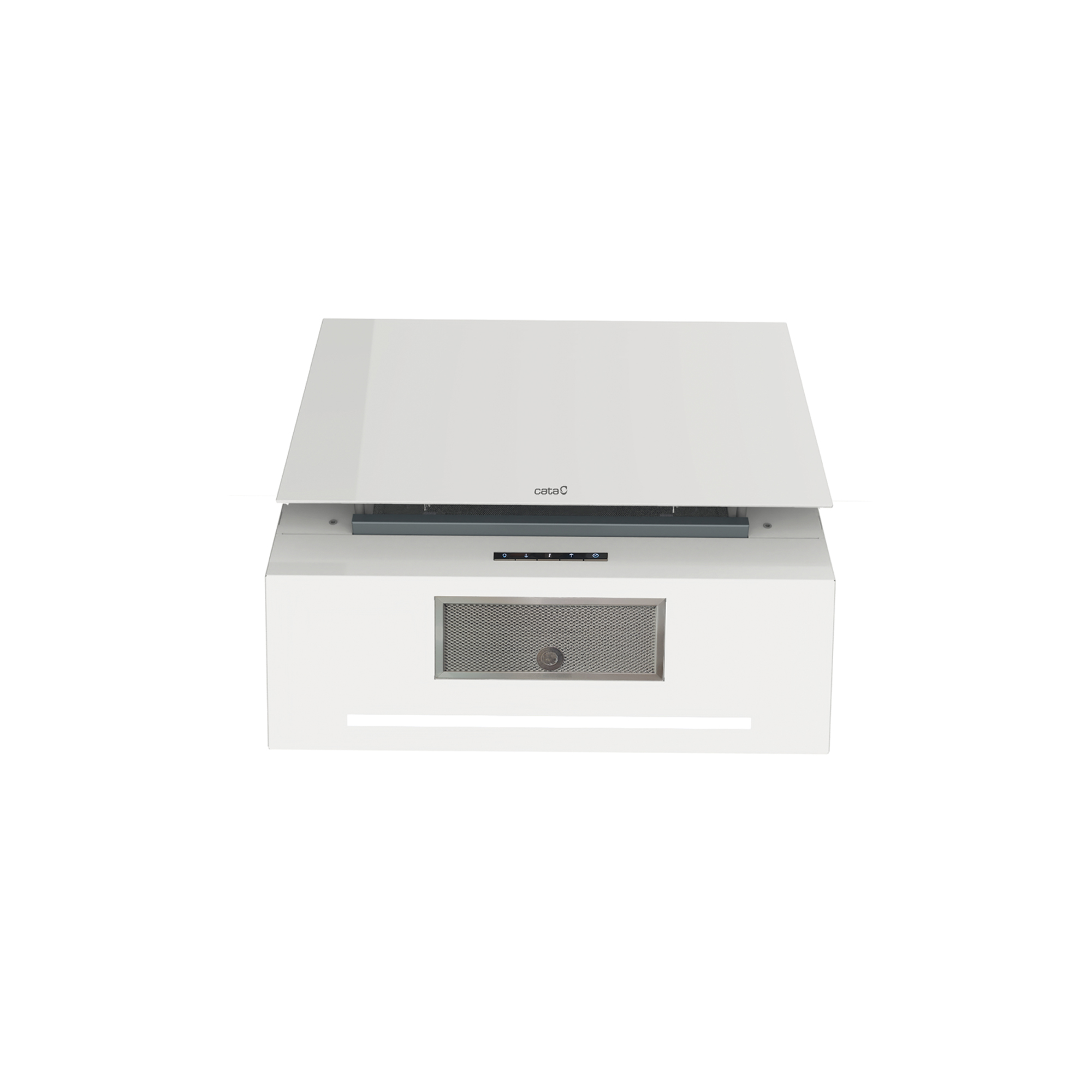 Campana extractora blanca con techo de cristal y panel táctil.
